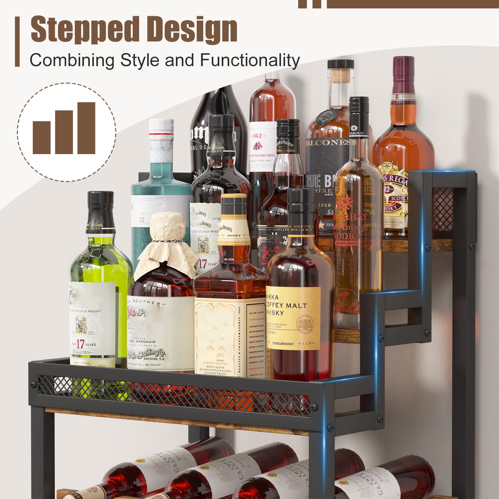 Portabottiglie da Terra a 5 Livelli, Grande Capacità Portabottiglie Autoportante in Metallo Versatile Cantinetta da Terra Indipendente Per Bar, Soggiorno, Angolo Relax, Sala da Pranzo 42x29.2x103.2CM