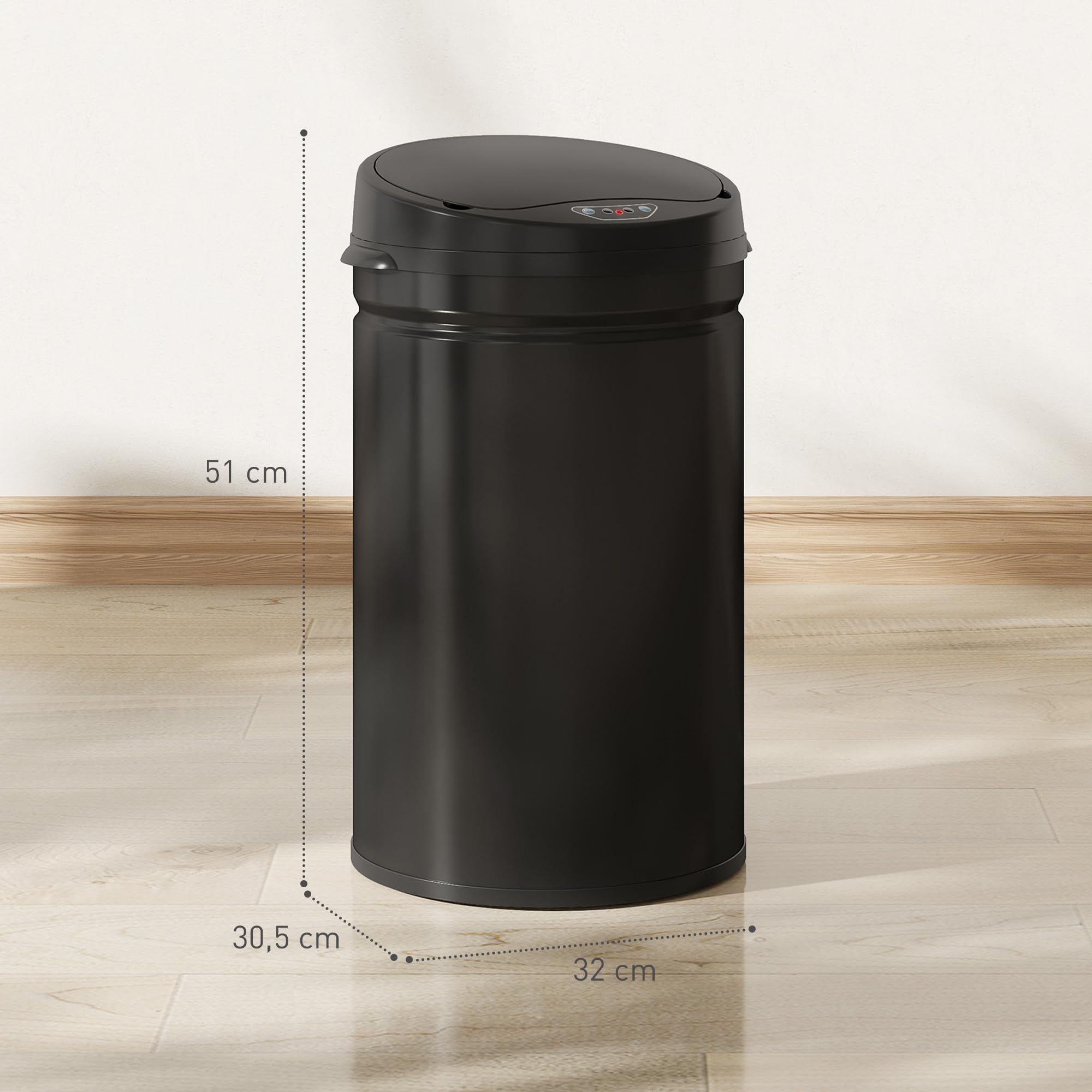HOMCOM Cubo de Basura Cocina Automático 30 L, Sensor Infrarrojo, Negro | Papelera de Cocina de Acero Inoxidable, Cierre Automático, Antihuellas, para Dormitorio, Oficina