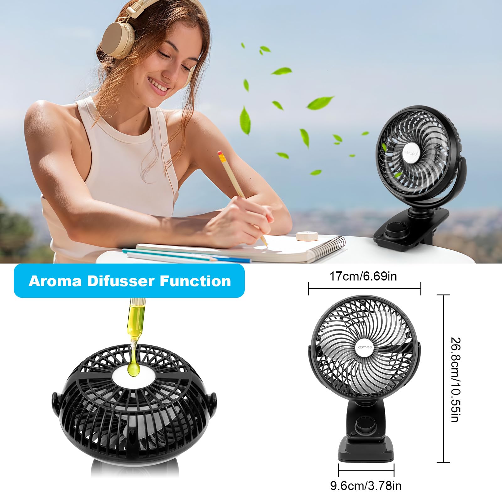 ELZO 20000mAh USB Clip Ventilator, Mini Tischventilator, LED Licht Camping Ventilator, Wiederaufladbarer Automatische Oszillierend Desktop Lüfter, Schreibtischventilator für Zuhause Büro Kinderwagen