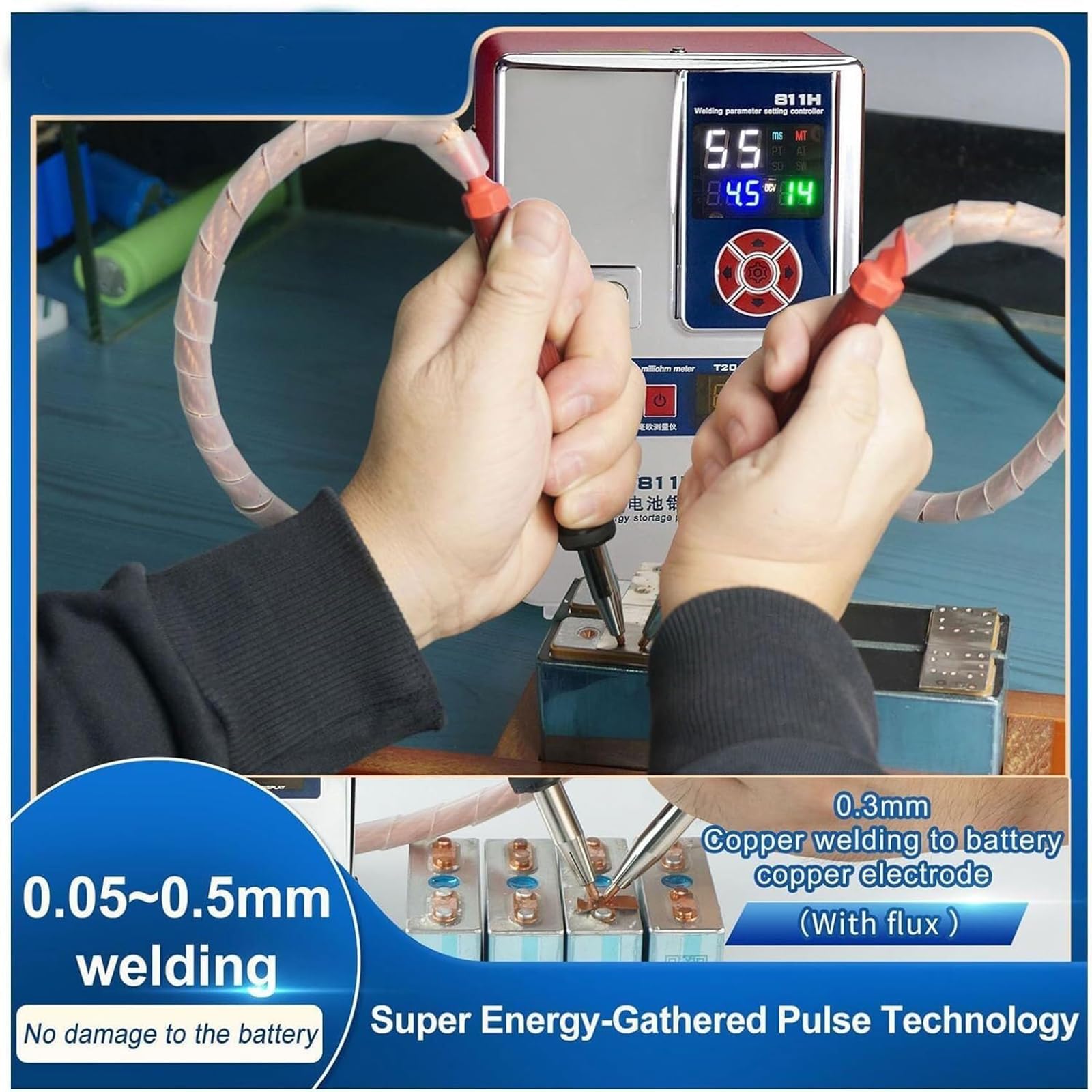 Zgrzewarka punktowa akumulatorowa 42KW, przenośna zgrzewarka punktowa kondensatorowa 0,45 mm z piórem do zgrzewania punktowego i piórem pomiarowym, mini przenośny sprzęt do zgrzewania punktowego