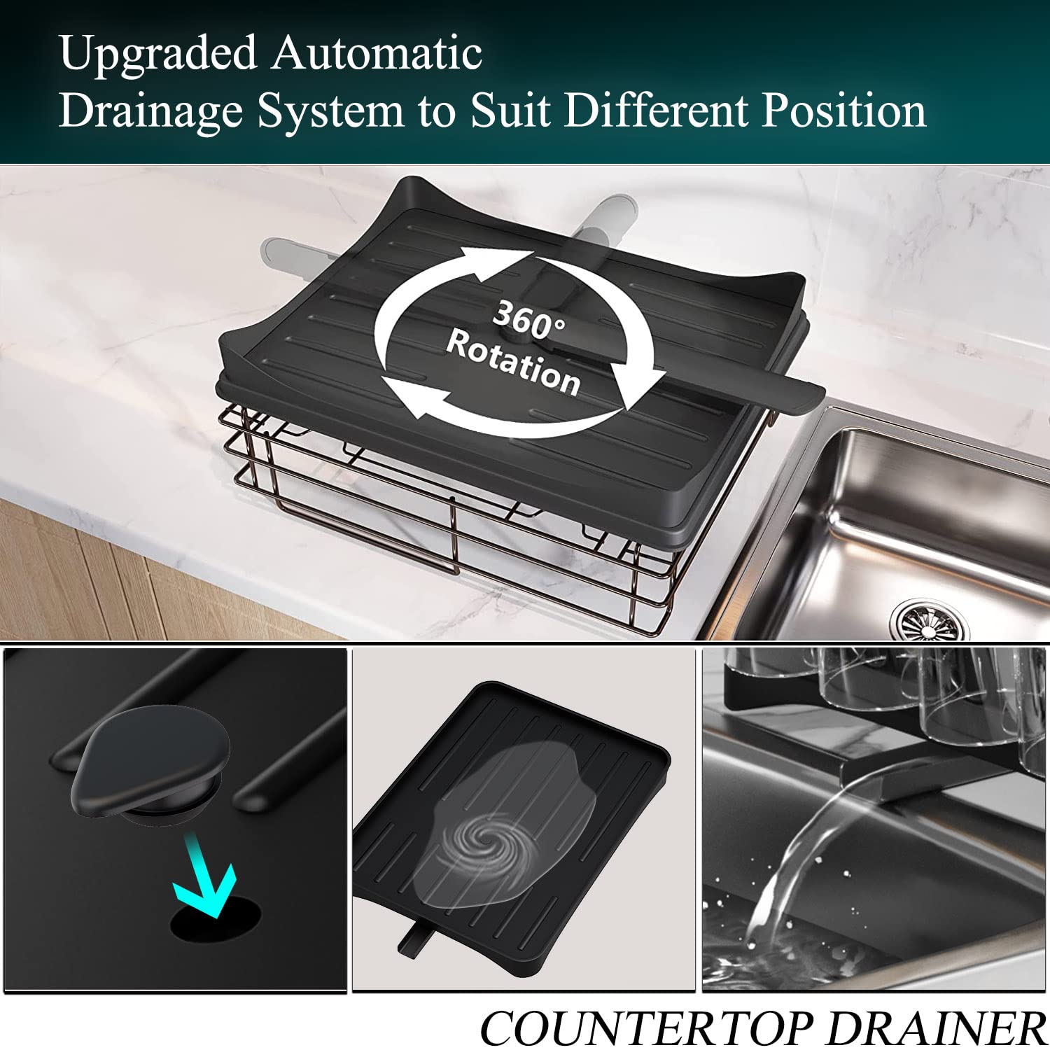 Richenad Kitchen countertop Dish Strainer and Water Filter Set, 360° Rotating Telescopic Drainage Guide, Dish Strainer Over Kitchen countertop Sink with Cup Holder, Utensil Holder Black