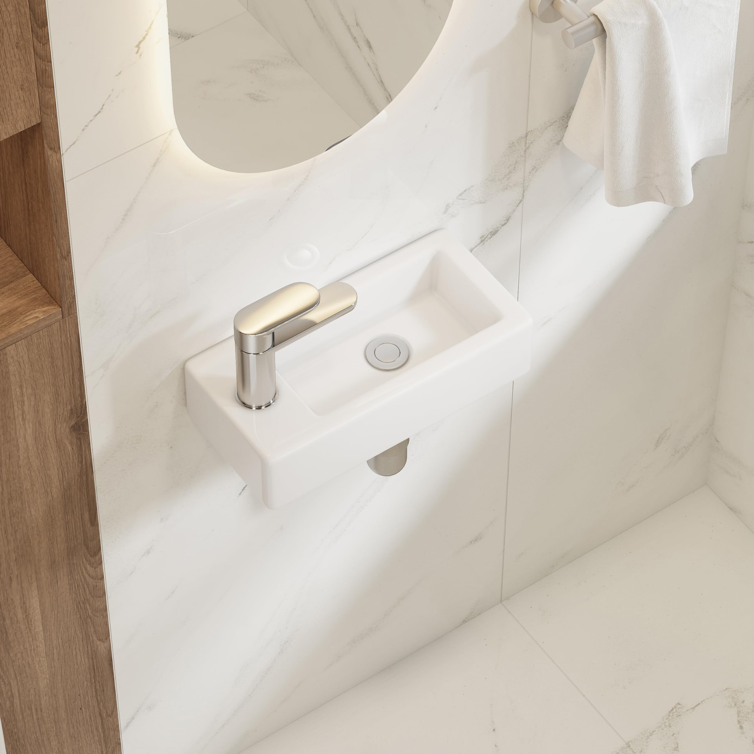 Eridanus Lavabo de baño, para colgar en la pared, ahorra espacio, rectangular de cerámica blanca, grifo izquierdo para lavabo, armario, inodoro, moderno lavabo pequeño (solo lavabo)