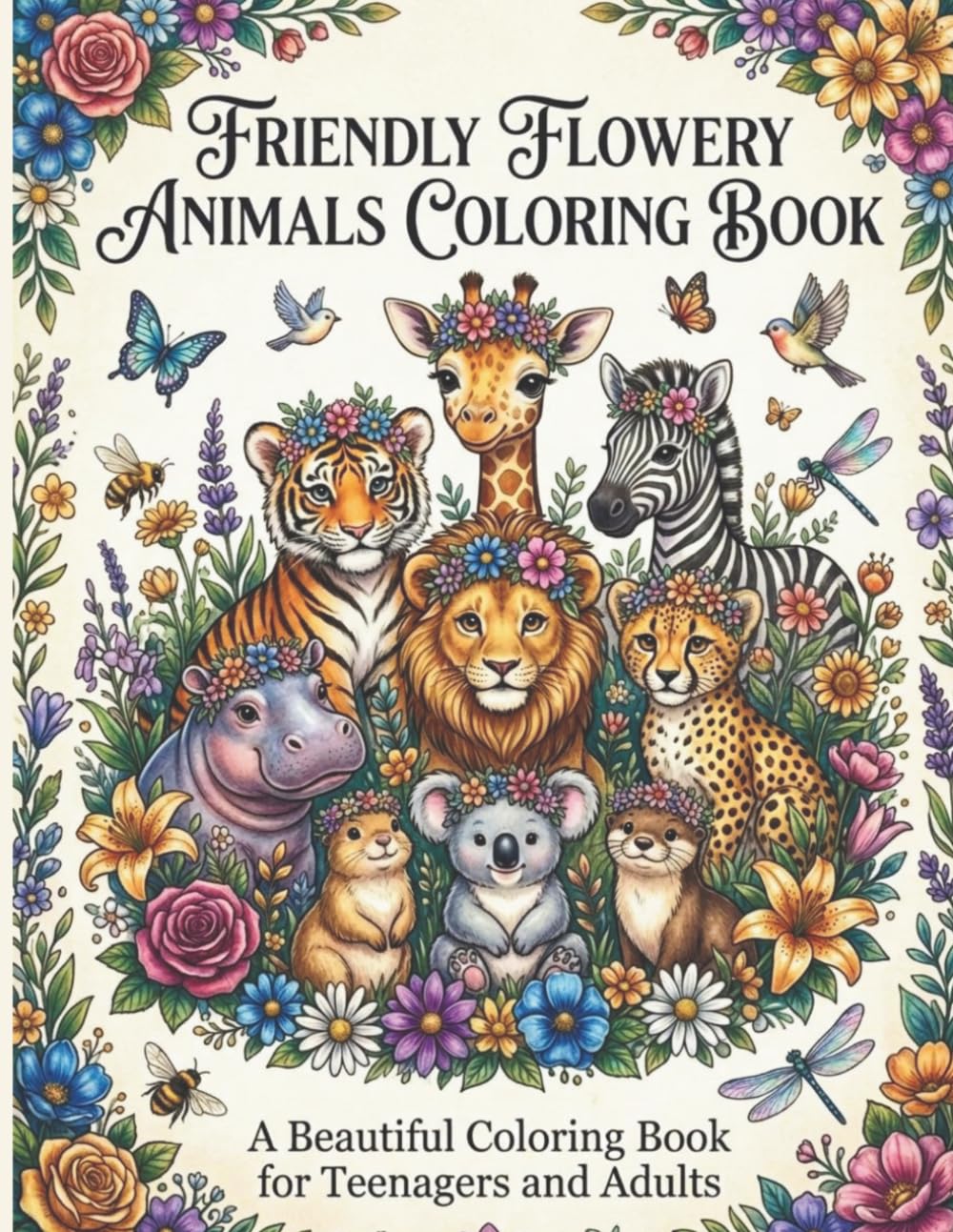 Friendly Flowery Animals Coloring Book: A Beautiful Coloring Book for Teenagers and Adults