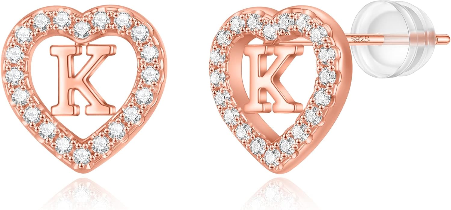 Initial Heart Earrings for Girls - Sterling Silver/Rose Gold Heart Initial Stud Ear...