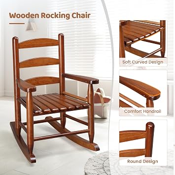 JOYMOR Outdoor Wooden Rocking Chair for Kids with Backrest, Toddler Rocker Weather, Patio Rocker Chair Suitable for Porch, Garden, Balcony