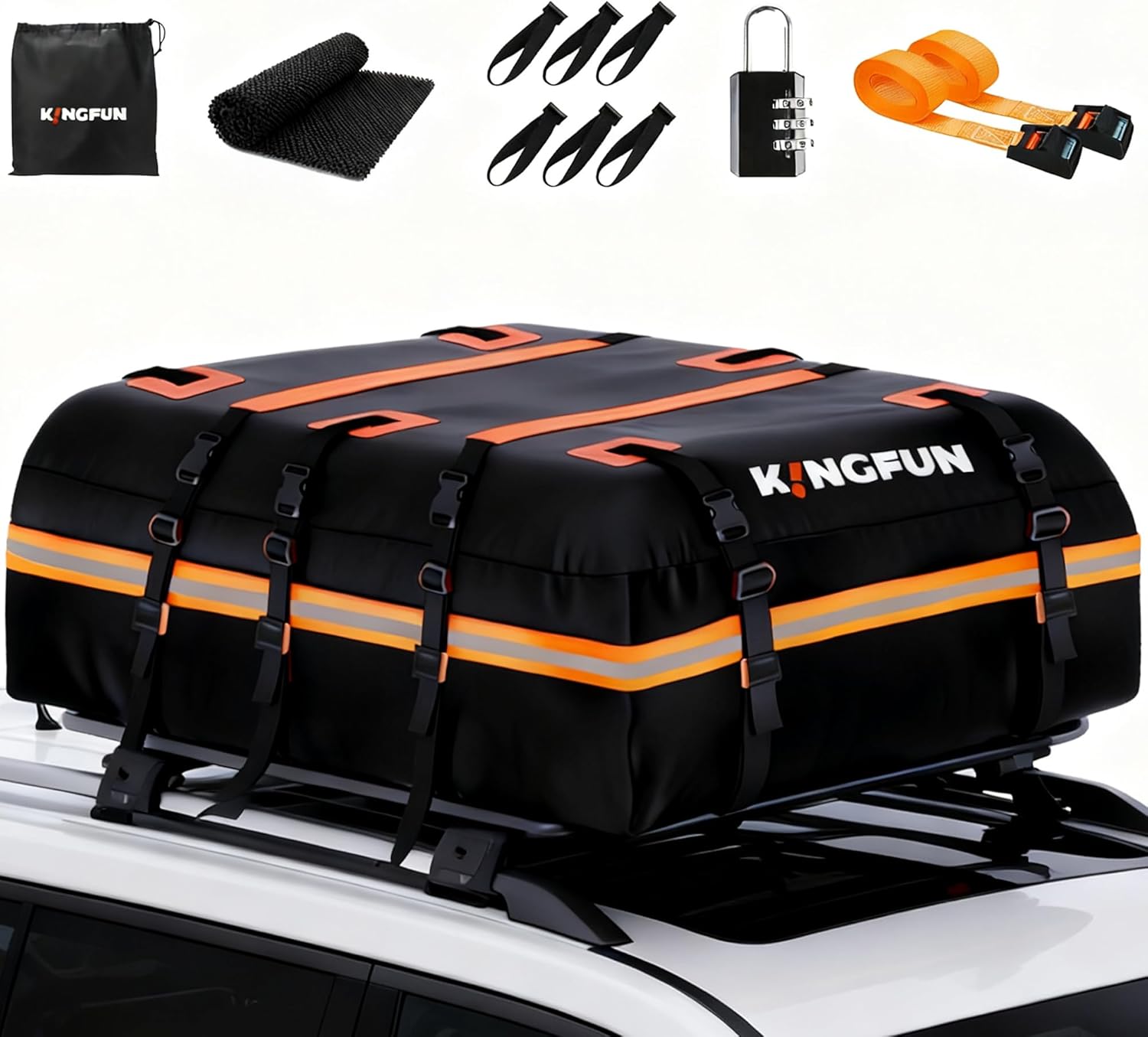 Kingfun Car Rooftop Cargo Carrier Bag, Waterproof 20 Cubic Feet Car Roof Luggage Carrier for All Vechicles with/Without Racks, Includes Anti-Slip Mat, 8 Reinforced Straps, 6 Door Hooks, Luggage Locks