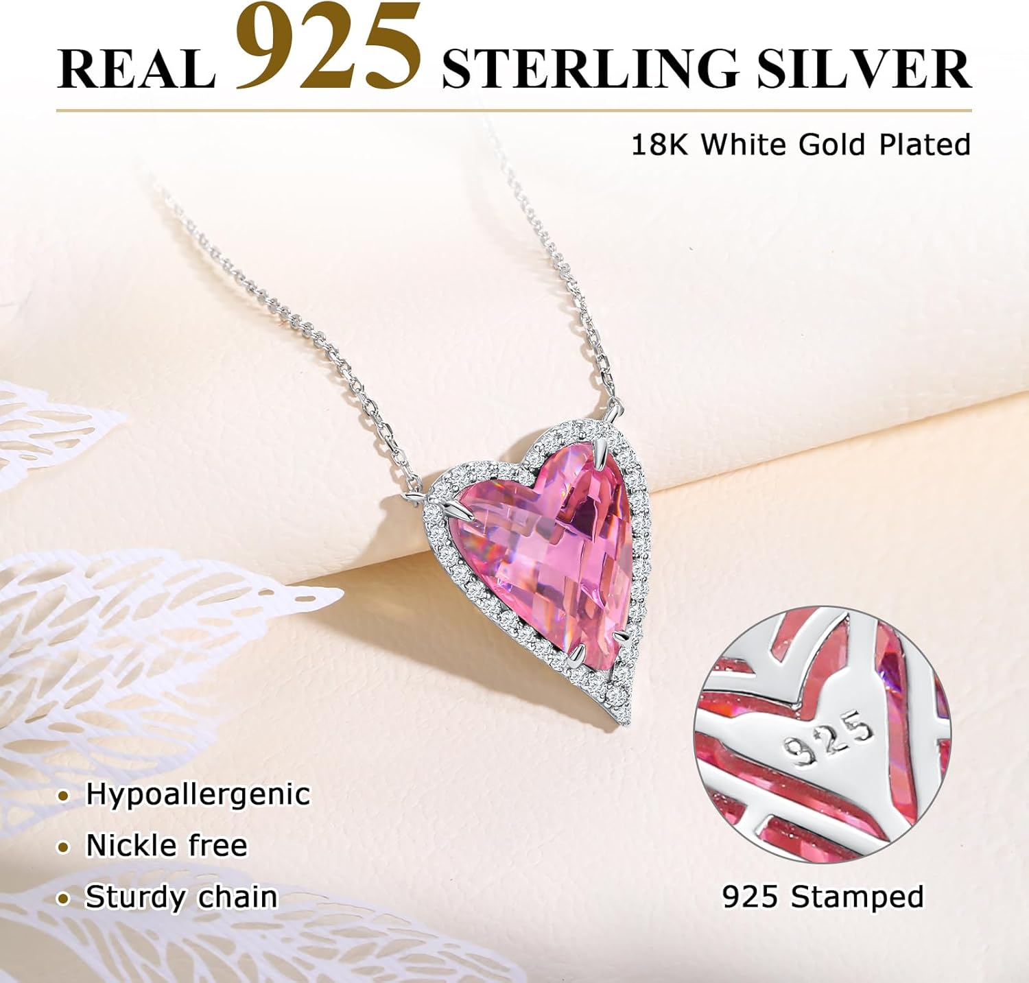 3D Pave Heart Necklaces 14K White Gold Plated Adjustable Length Chain White Sapphire Inlaid Amethyst/Garnet/Ruby/Sapphire/Pink Heart Chokers for Women - Image 3