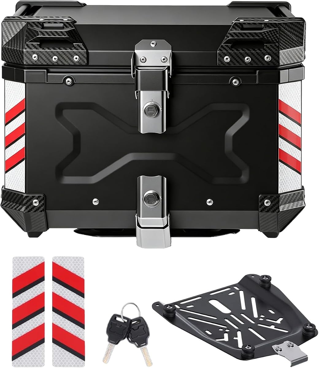 Maleta superior para motocicleta de 56L, cerradura impermeable de aluminio para caja superior de motocicleta | Soporte de liberación rápida, ajuste universal, desplazamientos y viajes cortos, uso en viajes, uso diario, asa portátil, soporte antirrobo