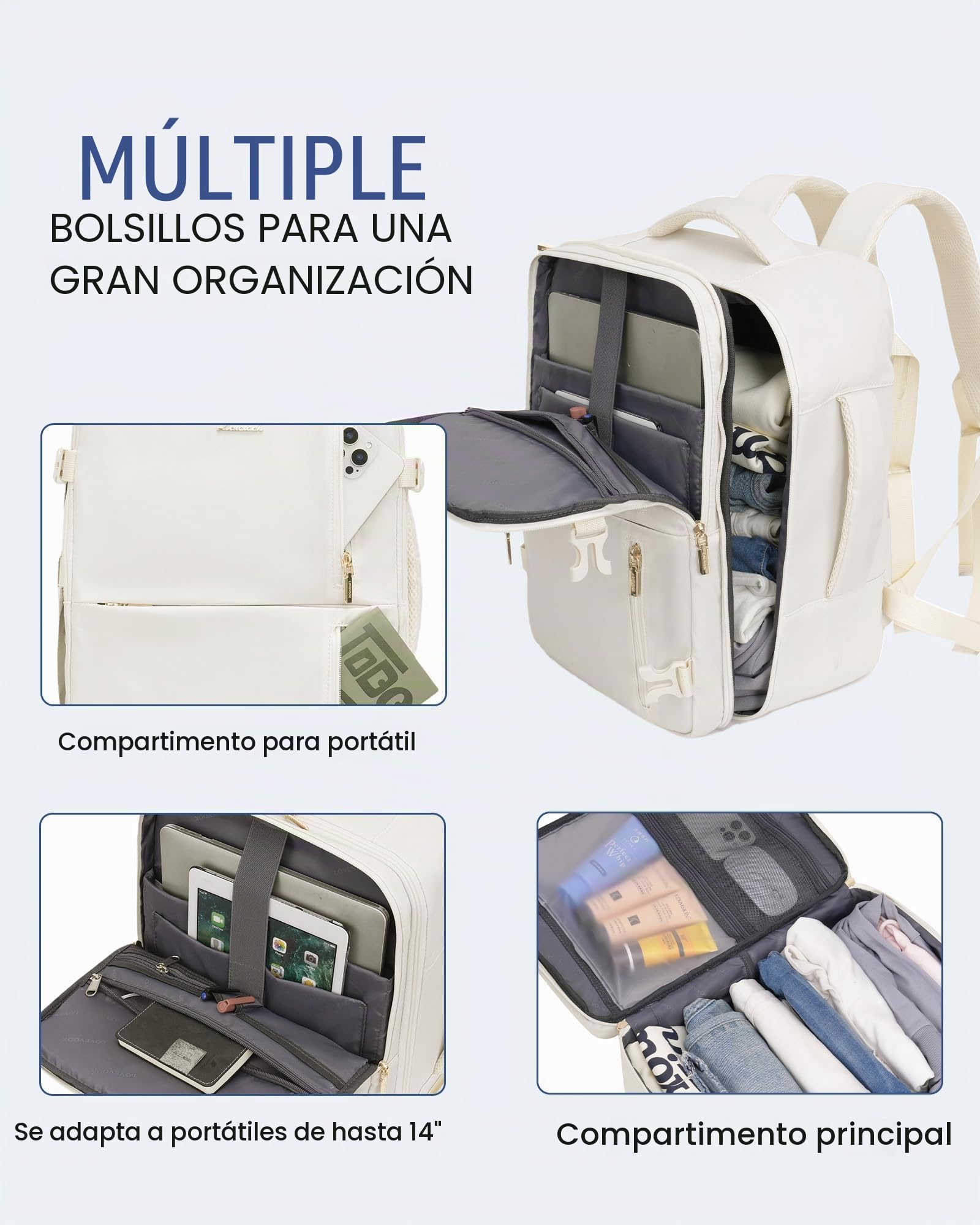 LOVEVOOK Mochila Cabina Avion 40x20x30, Ryanair Vueling, Mochila Viaje Mujer Hombre 24L, Impermeable, con puerto USB, Maleta de Mano, Travel Backpack 14”, Trabajo Negocios Escuela, Blanco
