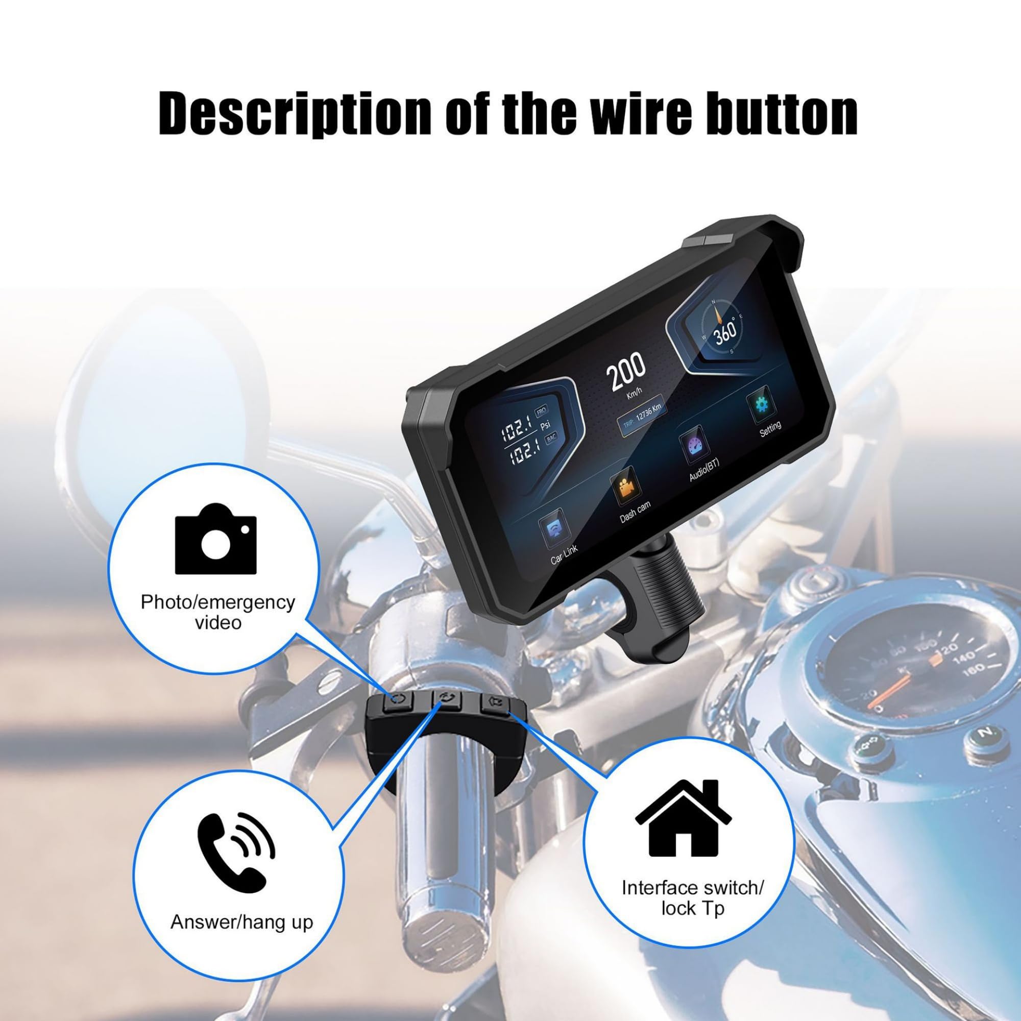 Navigatore GPS Moto 6,2 Pollici Doppia Fotocamera CarPlay Wireless Android Auto Impermeabile IPX6 TPMS BT5.0