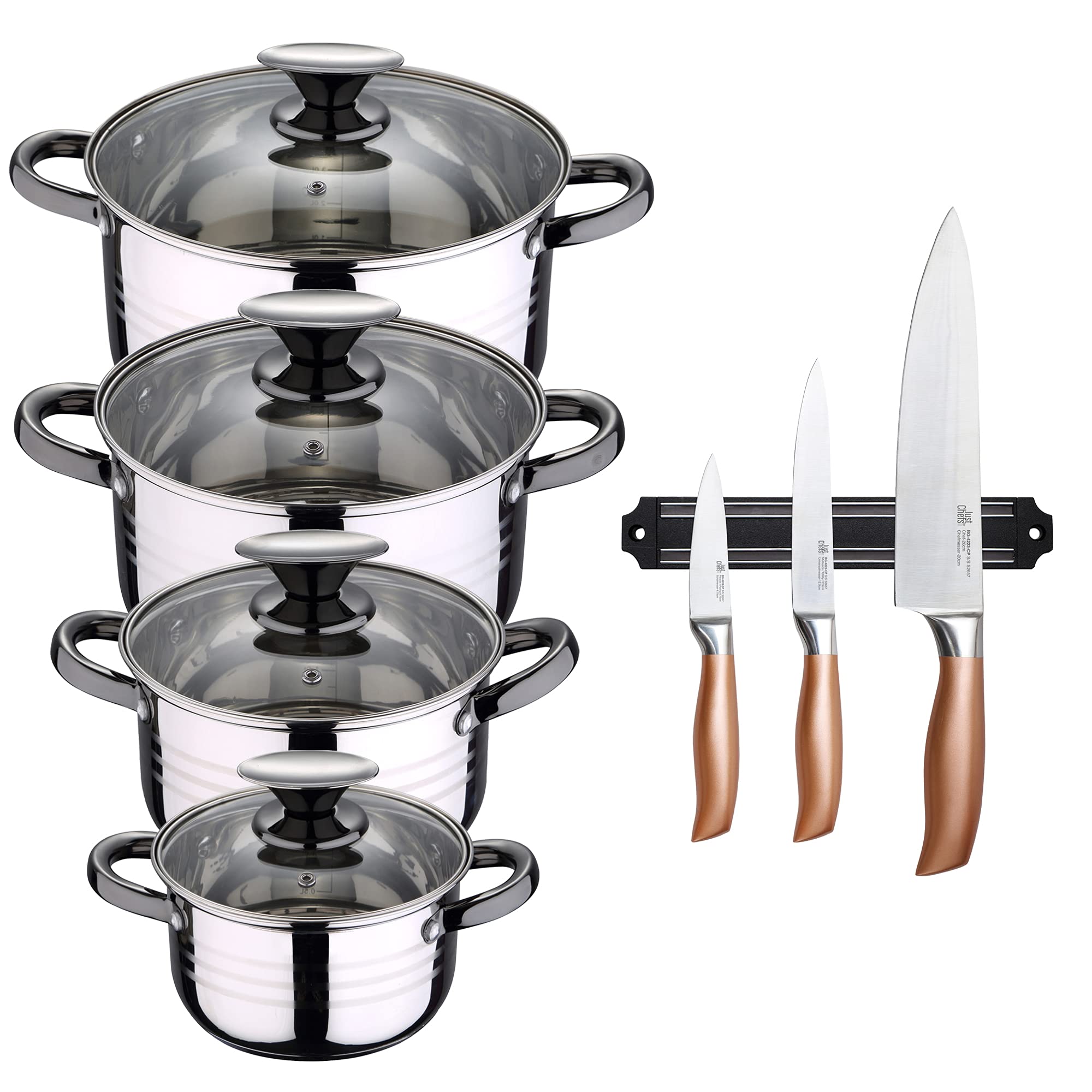 Set Da Cucina 8 Pezzi Adatto All'induzione San Ignacio Hita In Acciaio Inox Con Set Di 3 Coltelli In Acciaio Inox Con Barra Magnetica-image