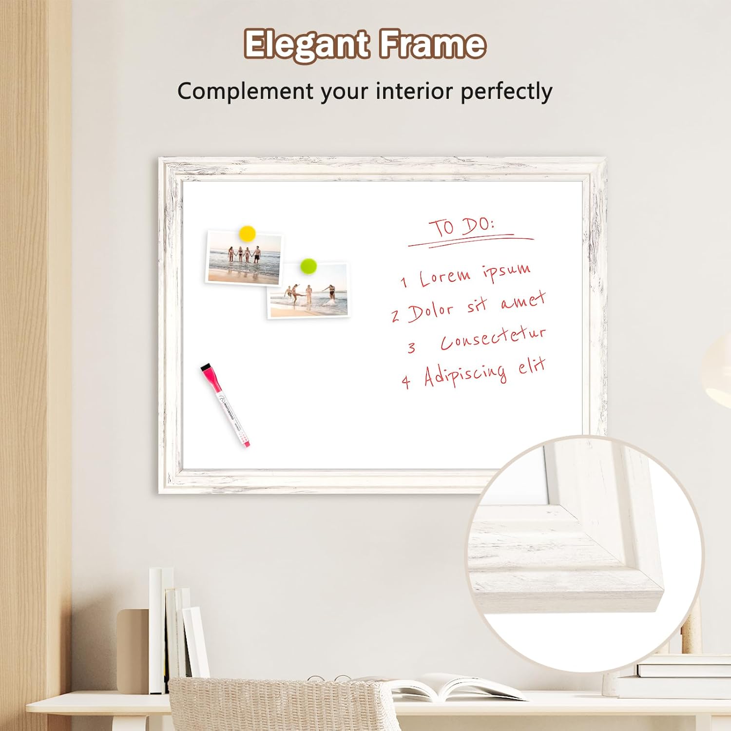DOLLAR BOSS Magnetic Whiteboard for Wall 36" x 24" Vintage Wood Framed White Board Decorative Dry Erase Board for Home Office Shop Decor Display with 4 Markers, 8 Magnets, 1 Eraser, Vintage White