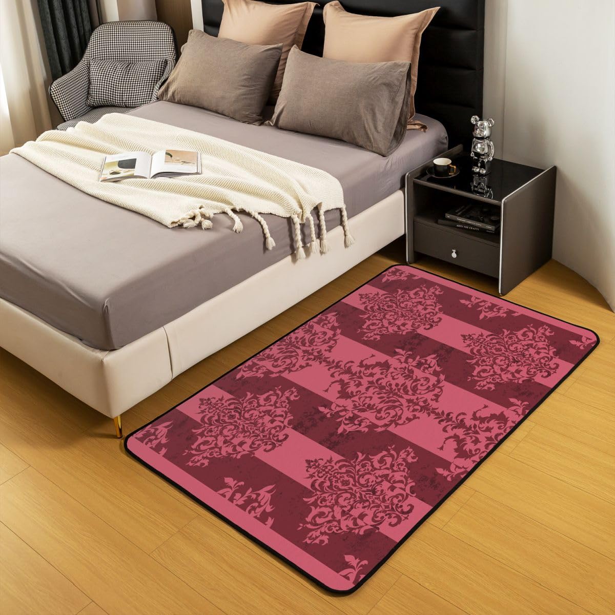 Loussiesd Tapis Salon 100x150cm Gothique Damask Tapis Chambre Exterieur Intérieur Rouge Striped Vintage Floral Modèle Antidérapant,Doux Victorian Baroque pour Salon et Chambre Jacquard Lavable