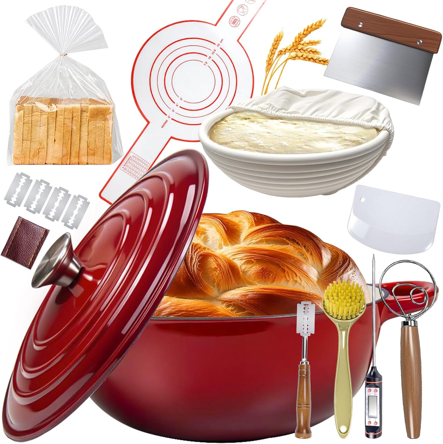 5QT Enameled Cast Iron Dutch Oven for Bread & Multi-Cooking – Complete Sourdough Starter Kit with Lid ,Probe Thermometer, Proofing Basket, Silicone Sling & Gift Packaging Bags,Oven Safe up to 500°F(Red)