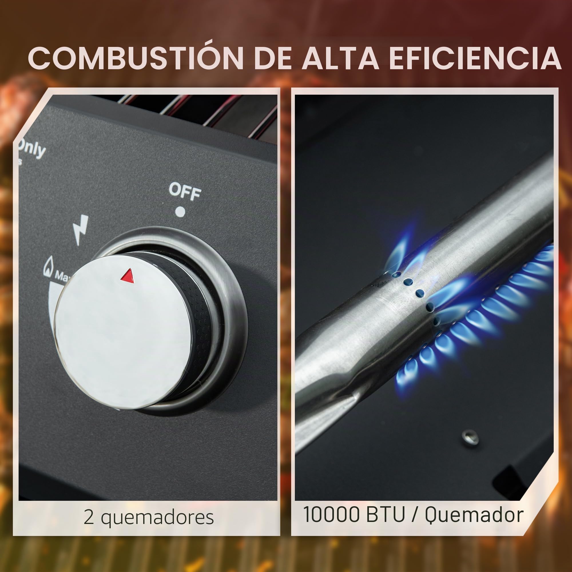 Outsunny BBQ a Gas de Mesa portátil con Patas Plegables 5 kW Negro | 2 Quemadores, BBQ a Gas de Camping, Parrilla de cocción, Bandeja de grasa, Termómetro, Acero apto para alimentos