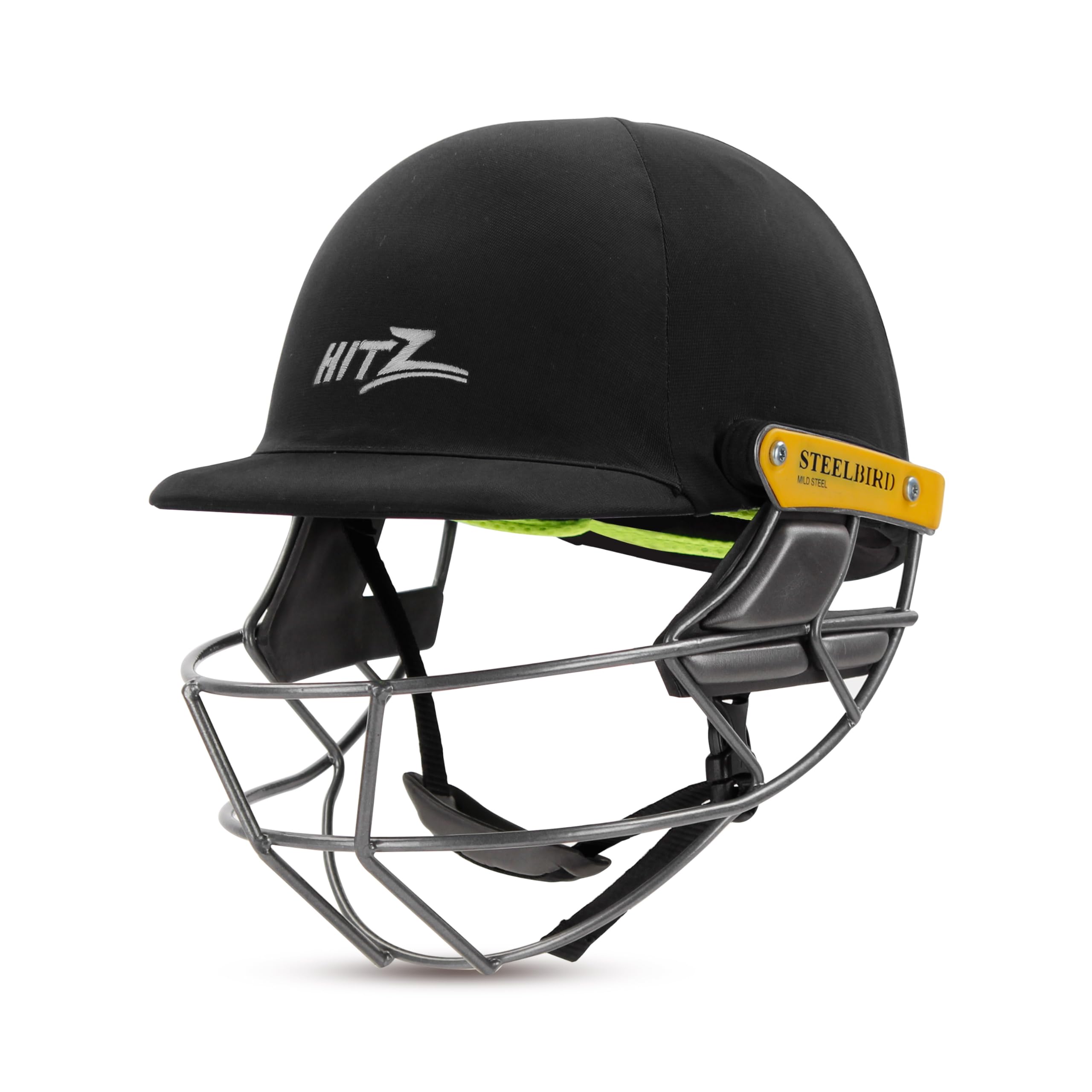 Steelbird Hitz Mild Steel Premium Cricket Helmet for Men & Boys (Fixed Spring Steel Grill | Light Weight) (Black Fabric with Green Interior, XL)-image-28