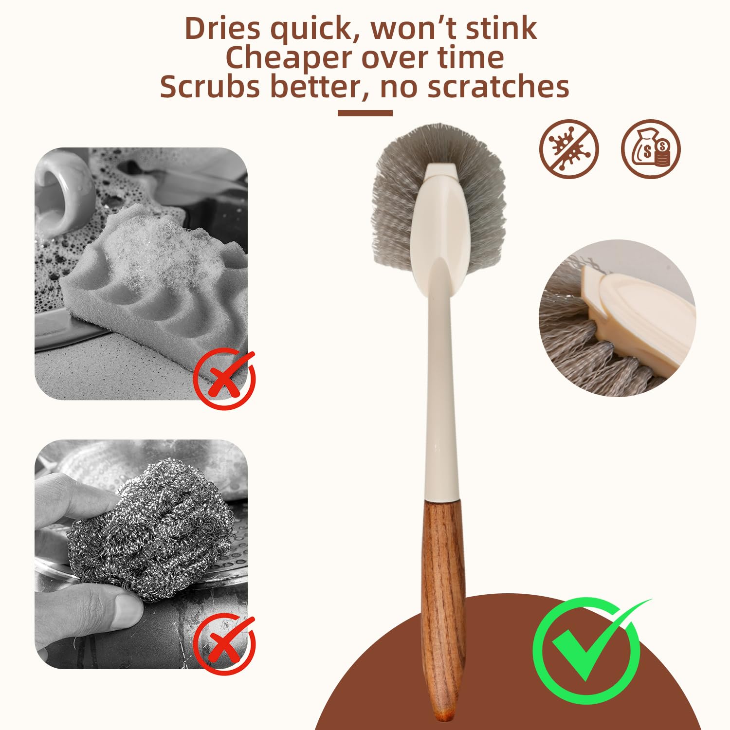 Juego de 4 cepillos resistentes con asas de madera, estropajo triangular y cuadrado, cepillo de platos, limpiador de lechada para cocina, baño, azulejos, alfombras y eliminación de manchas difíciles