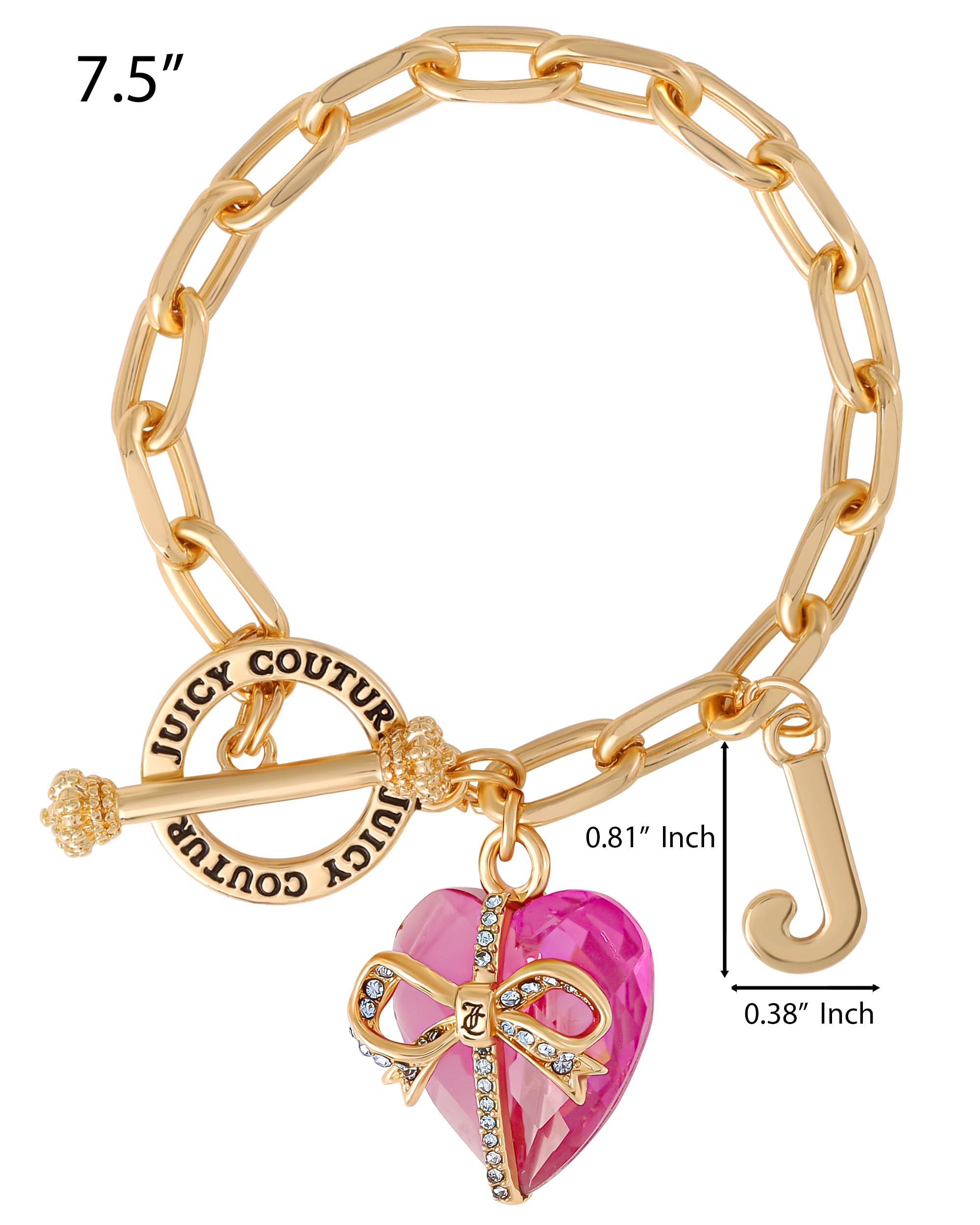Juicy Couture Bracelet with Charms 7.5", Goldtone Toggle Bracelet for Women with Pink Stone Heart Charm, Y2K Jewelry