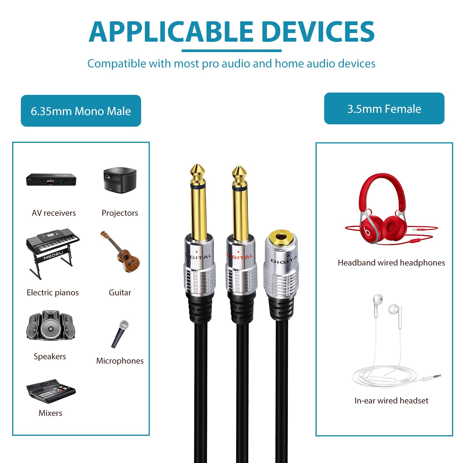 Cable Adaptador De Audio Estéreo TRS Hembra A 2 Dual, 6,35mm, 1 Piezas