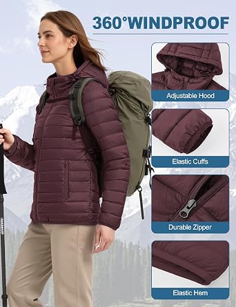Womens Puffer Jacket Lightweight Packable Winter Light Coat Full-Zip Hooded Outerwear for Travel