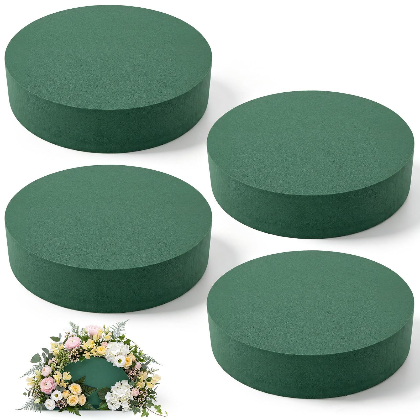 Innconee 4 Pcs 12"L x 12"W x 1.6"H Large Round Floral Foam Blocks for Fresh and Artificial Flower Arrangement, Wet and Dry Green Floral Foam Florist Bricks for Wedding, Birthday, Crafts and Garden