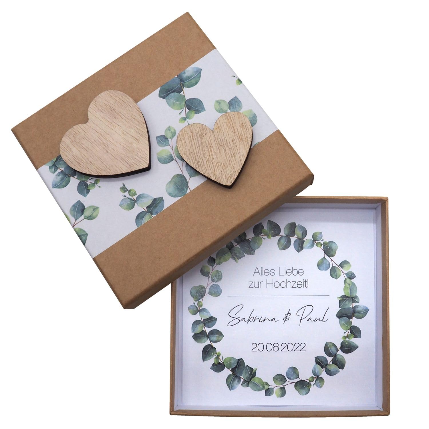 ZauberDeko Geldgeschenk Verpackung Personalisiert Hochzeit Herz Eukalyptus – 14x14x3 cm
