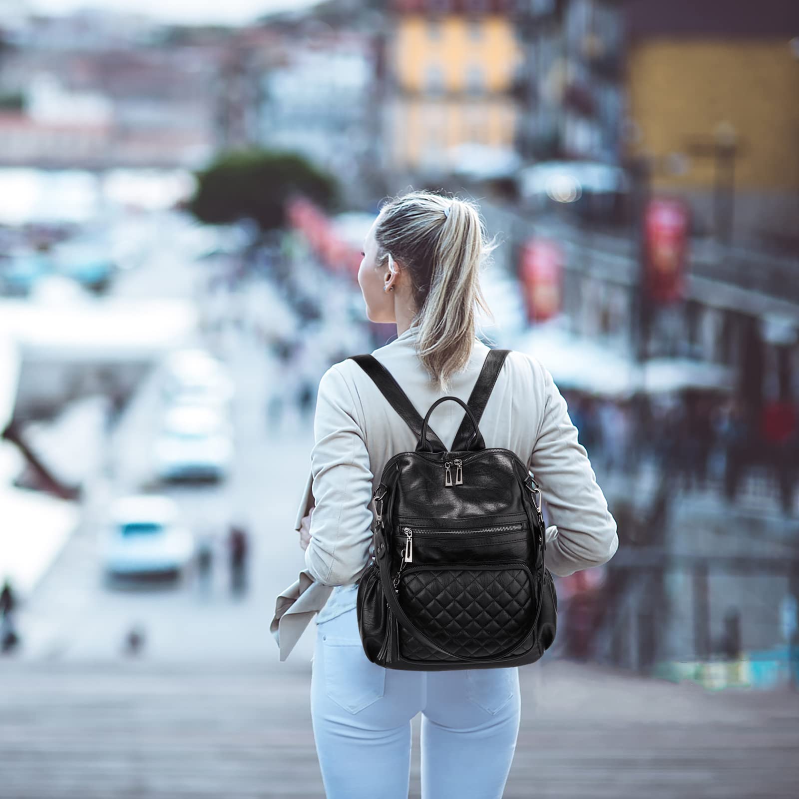 UTO Damen Rucksack PU Washed Leder Modischer Multifunktionsrucksack mit Quastendesign Lässige Schultertaschen Frauen Tasche mehres Kompartiment Schule Schulrucksack Damen-Rucksackhandtaschen - 2