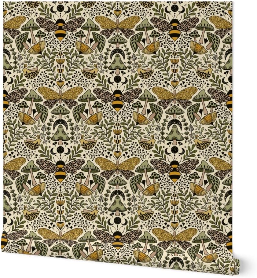 Removable Wallpaper 6ft x 2ft - Mushroom Botanical Art Nouveau Medium Scale Natural Habitat Bees and Moths Wildflowers Custom Pre-Pasted Wallpaper by Spoonflower