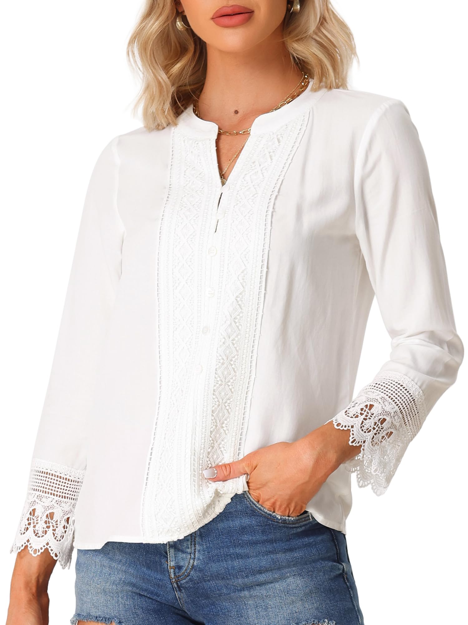 Allegra K Blusa bohemia para mujer, con solapa de medio botón, manga larga, encaje y ganchillo