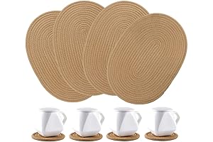 Round Fabric Coasters and Woven Oval Jute Placemats 4 Pack - Cotton Braided Placemat Set