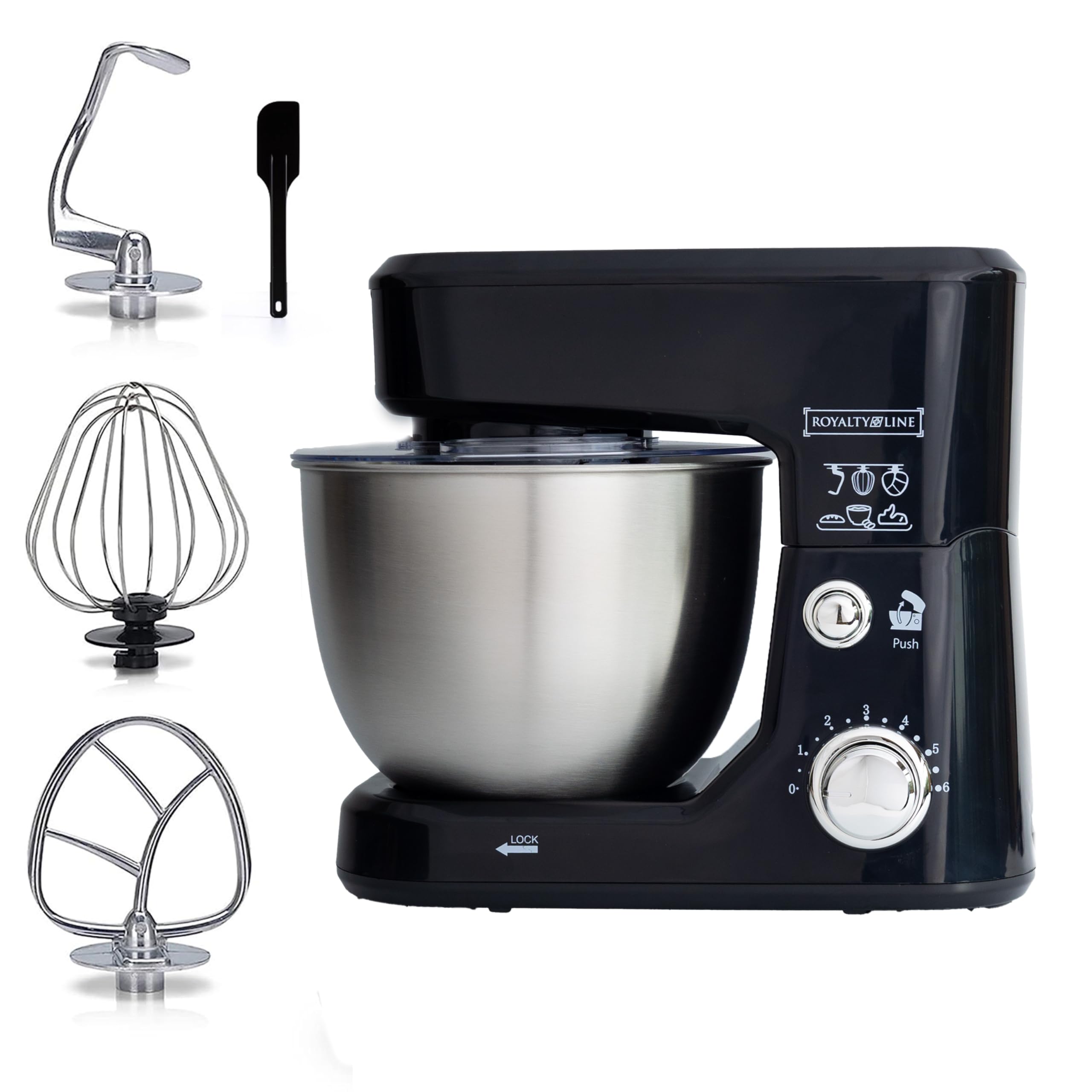 ROYALTY LINE, Procesador de Alimentos Multifunción 1000W Negro RLPKM7004722S-BLK, Bol de Acero Inoxidable 4L, 6 Velocidades, Accesorios Incluidos: Gancho para Masa, Batidor