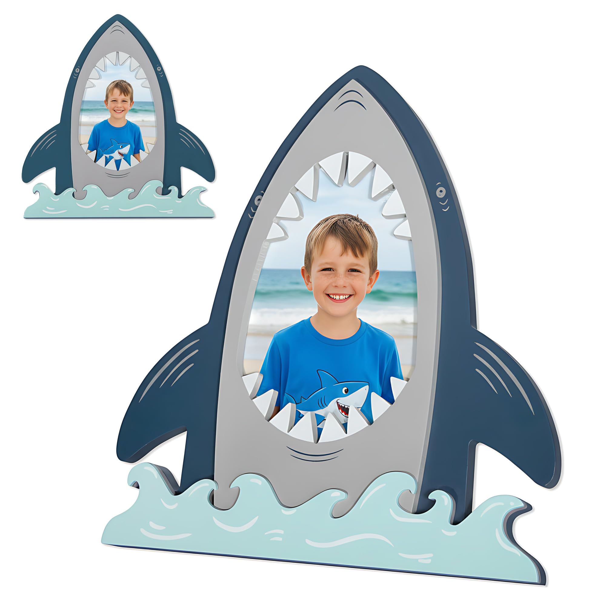 Photo 1 of Parlor Boudoir Shark Picture Frame 4x6 - Wooden Nautical Theme Kids Photo Frame for Nursery & Kids Room Decor, Tabletop or Wall Display, Shark Kids Gift