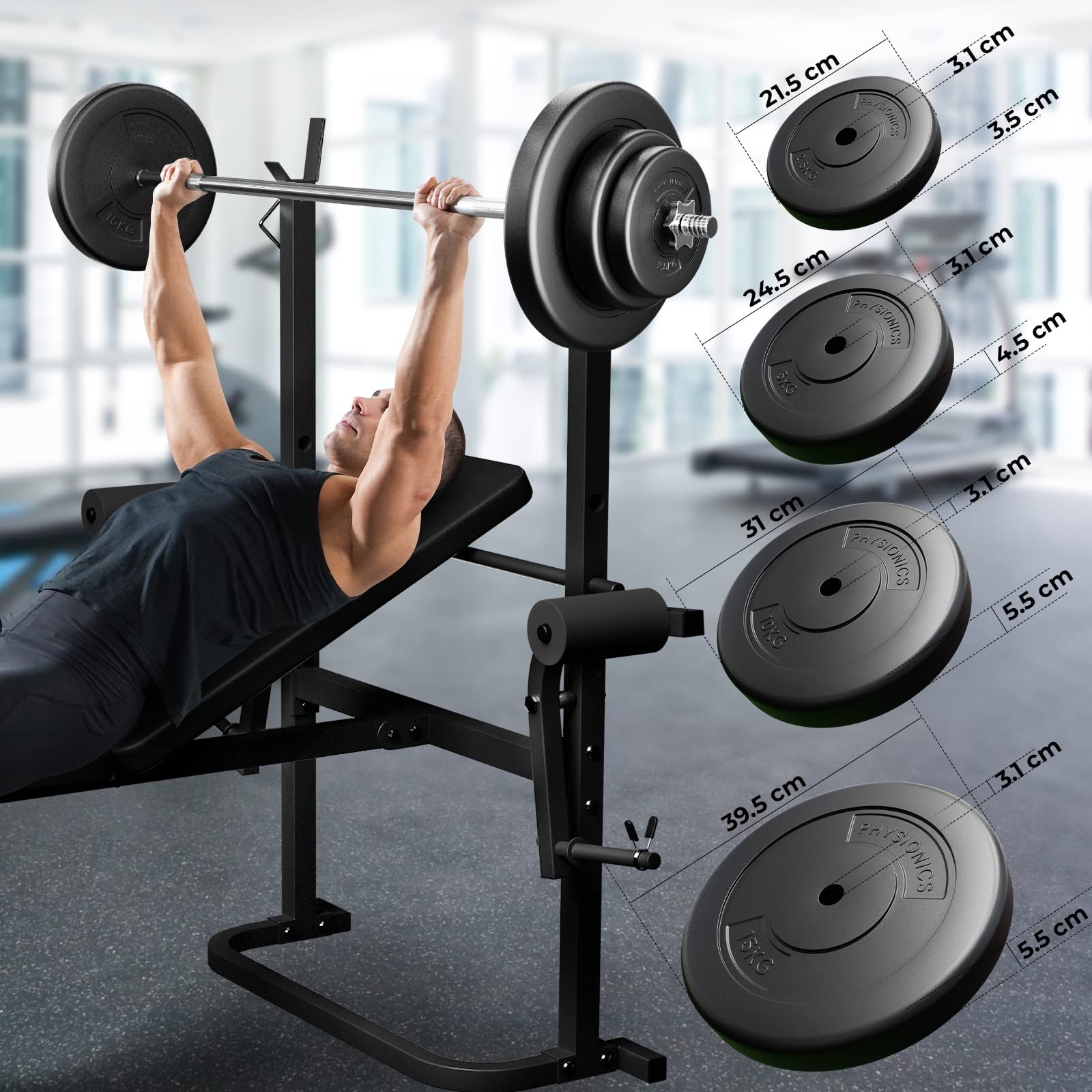 Physionics® Panca con Bilanciere e Pesi - Panca Regolabile con Portabilanciere, Barra (140/165 cm, 30 mm, Acciaio, Carico 300 kg), Dischi (31 mm, 2,5/5/10/15 kg), Set a Scelta - Stazione da Palestra