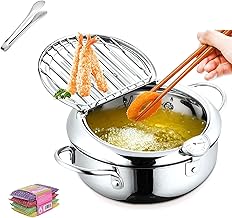 مقلاة عميقة يابانية مع درجة حرارة 2.2/3.4/4.2 لتر، مقلاة من فولاذ مقاوم للصدأ 304 مع ميزان حرارة ورف تصريف لتقطير الزيت من تمبورا (فضي، 24 سم)