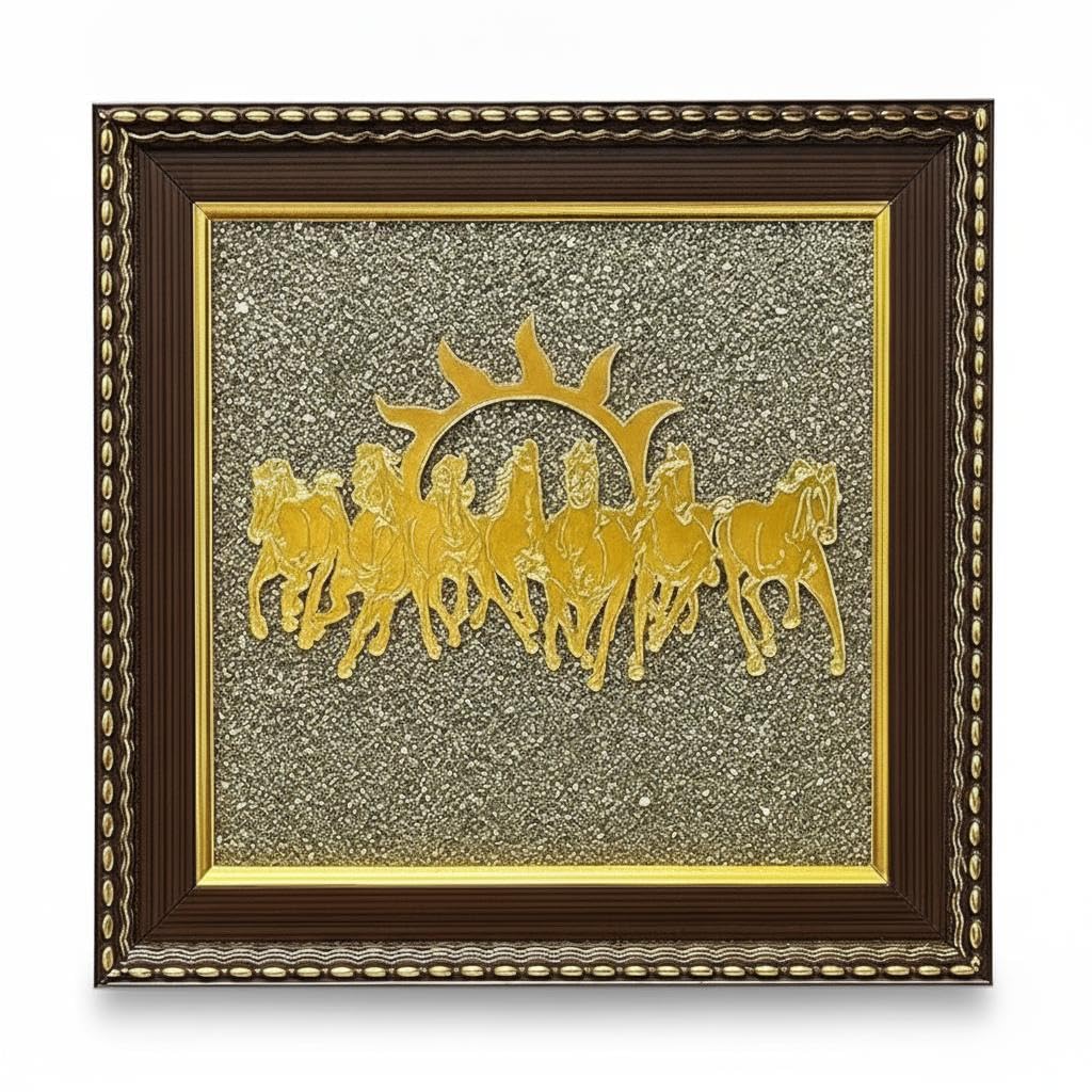 ARKN Pyrite Stone Frame - Vastu Seven Running Horses with Sun | Wall & Table Top Wooden Vastu Frame with Natural Pyrite | Home Decor for Living Room, Office & Pooja Room | 7.25 x 7.25 Inch-image-9