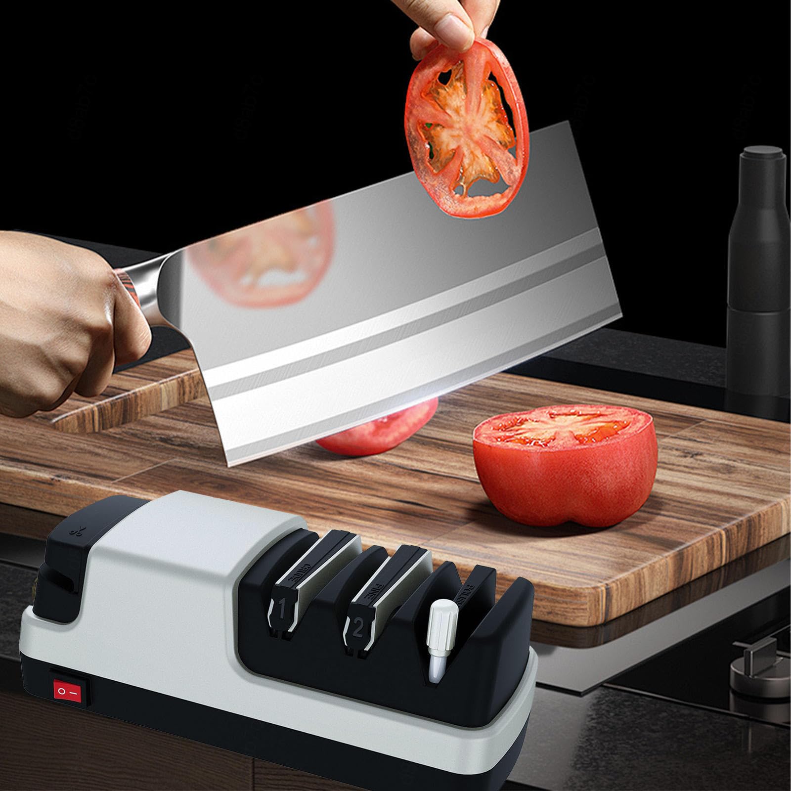 Affilacoltelli Elettrico, 4 in 1 Arrota Coltelli, Con Abrasivi Diamantati Al 100% E Guide Angolari Di Precisione Arrota Coltelli Professionale,Silver
