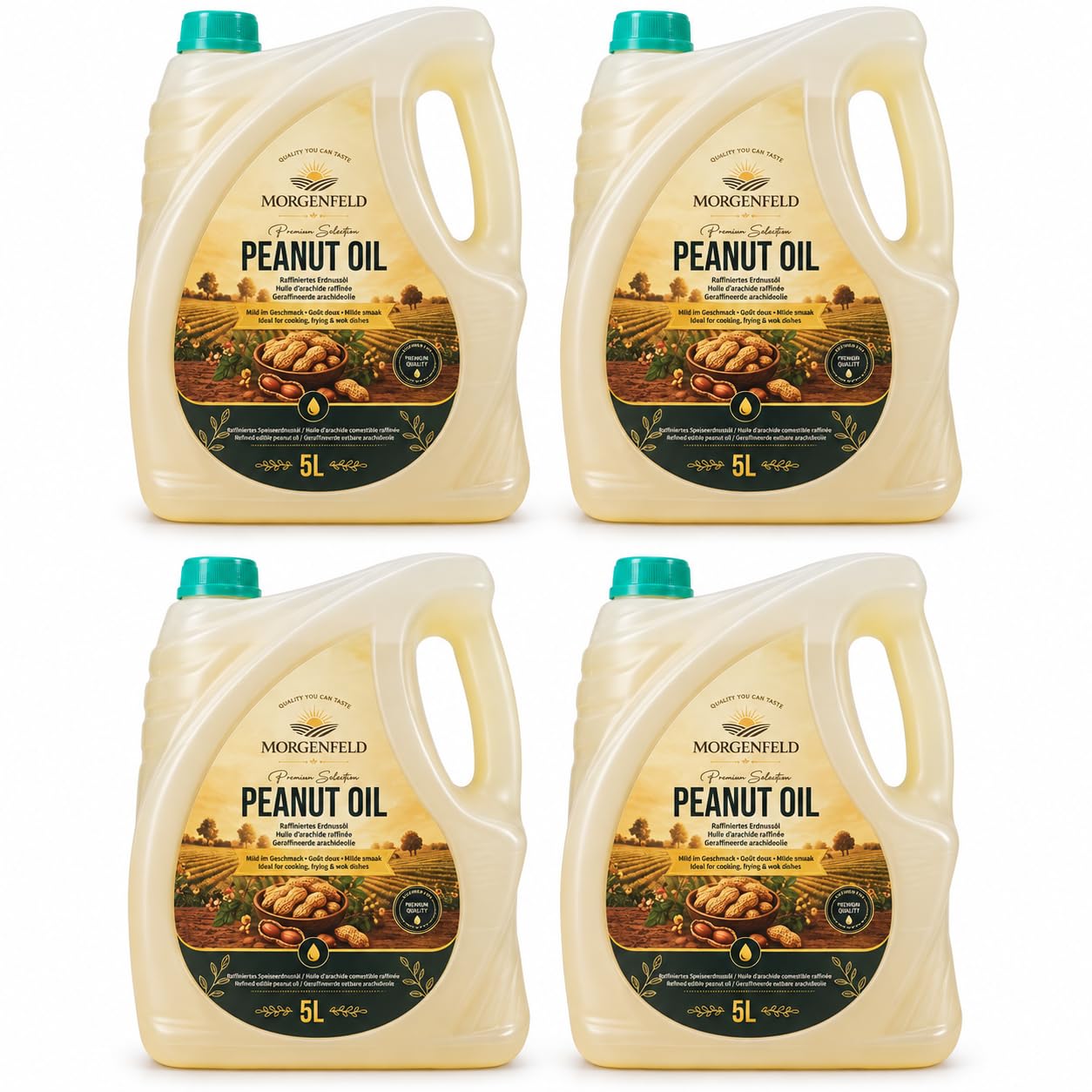 Aceite de cacahuete Morgenfeld 4 x 5 l – Aceite de cacahuete para freír, freír, wok y cocinar, aceite vegetal para cocina asiática, sartén, parrilla, adobos, verduras