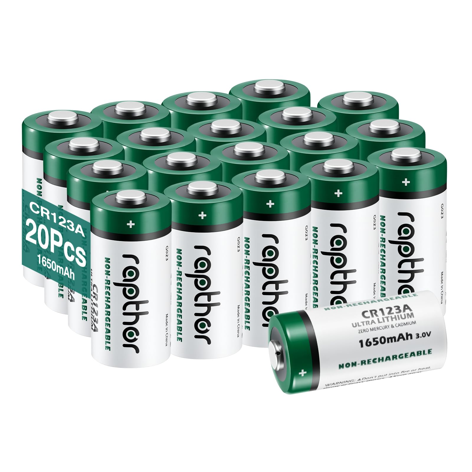 Rapthor Lot de 20 piles au lithium CR123A 3 V 1650 mAh pour capteurs, serrures sans clé, flash photo et lampes de poche, certifiées CE, UL, ROHS - Non rechargeables