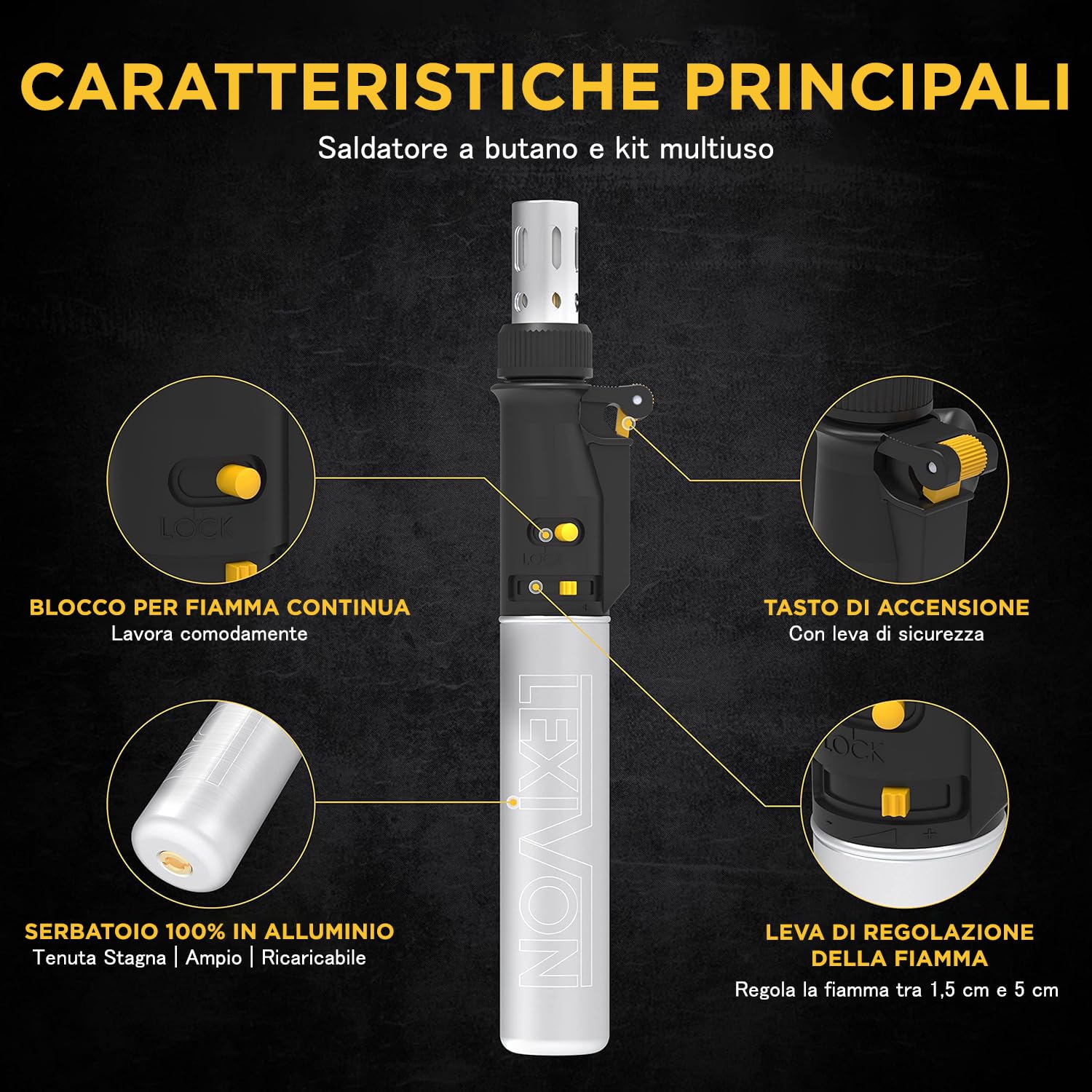 LEXIVON Saldatore a Butano Set di 7 Punte Senza Fili Autoaccensione Fiamma Regolabile Portatile LX-770
