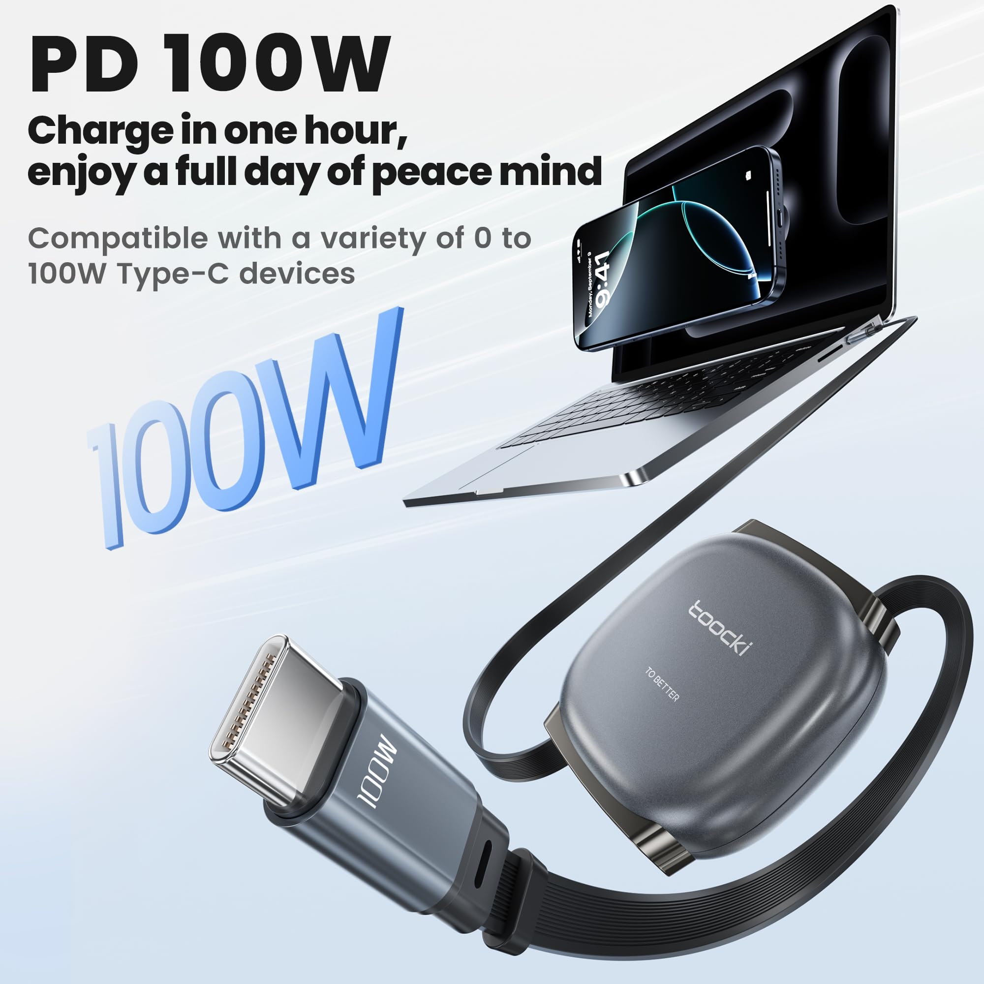 100 W zwijany kabel USB C (1 m), USB C na USBC, kabel do szybkiego ładowania z magnetycznym gniazdem do podróży, samochodu, codziennego użytku, 4 wstępnie ustawione długości do iPhone 16/15, Galaxy