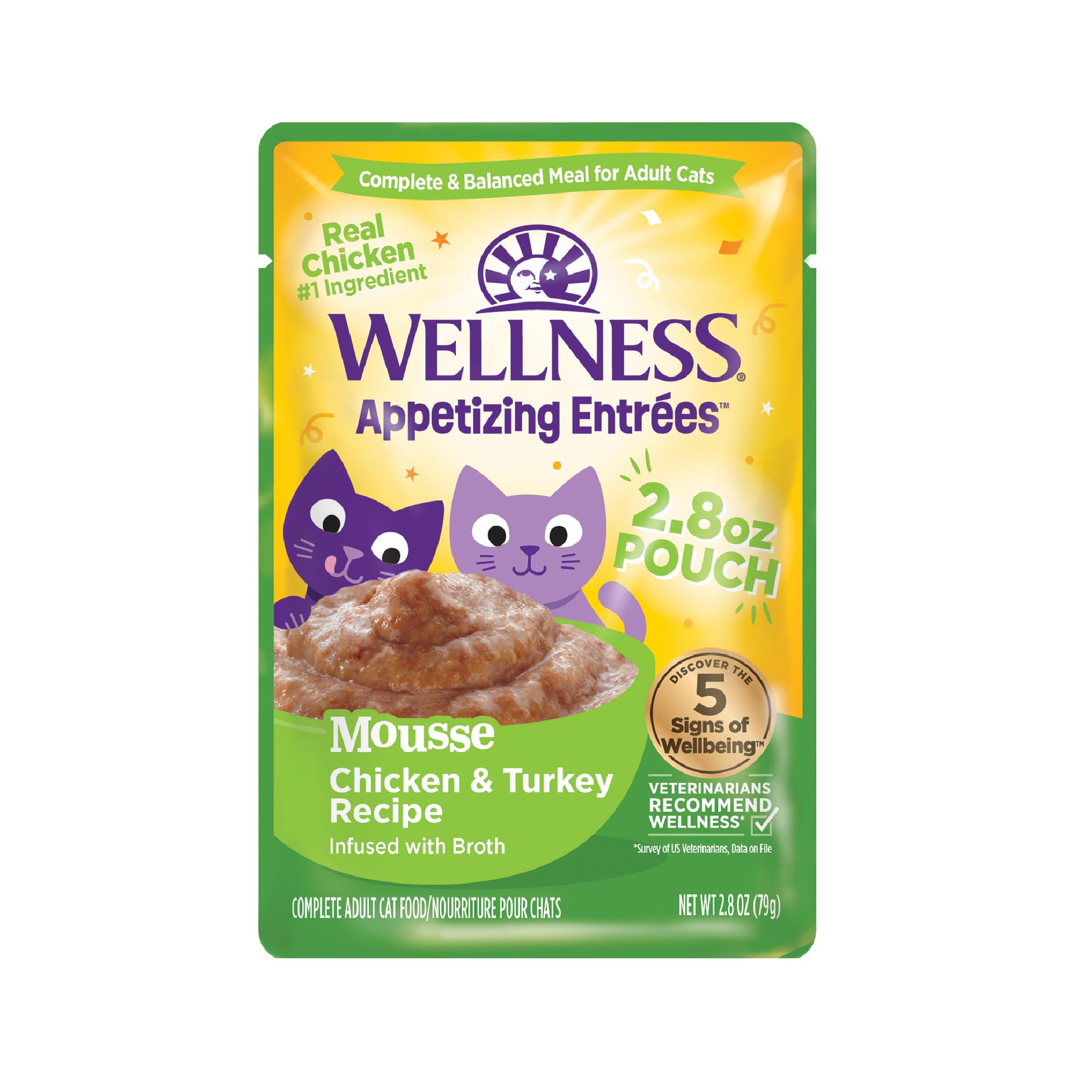 Wellness Appetizing Mousse Adult Wet Cat Food, Natural, Protein Rich, Grain Free, Chicken and Turkey Recipe, 2.8 oz, Pack of 8 Pouches