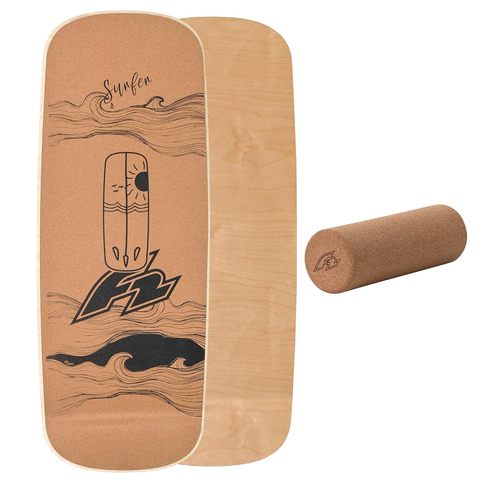 F2 Set Kork Balance Board Flat Shape + Korkrolle Modell wählbar aus Kork für Einsteiger und Profis - Balancetraining, Fitness, Gleichgewicht & Koordination