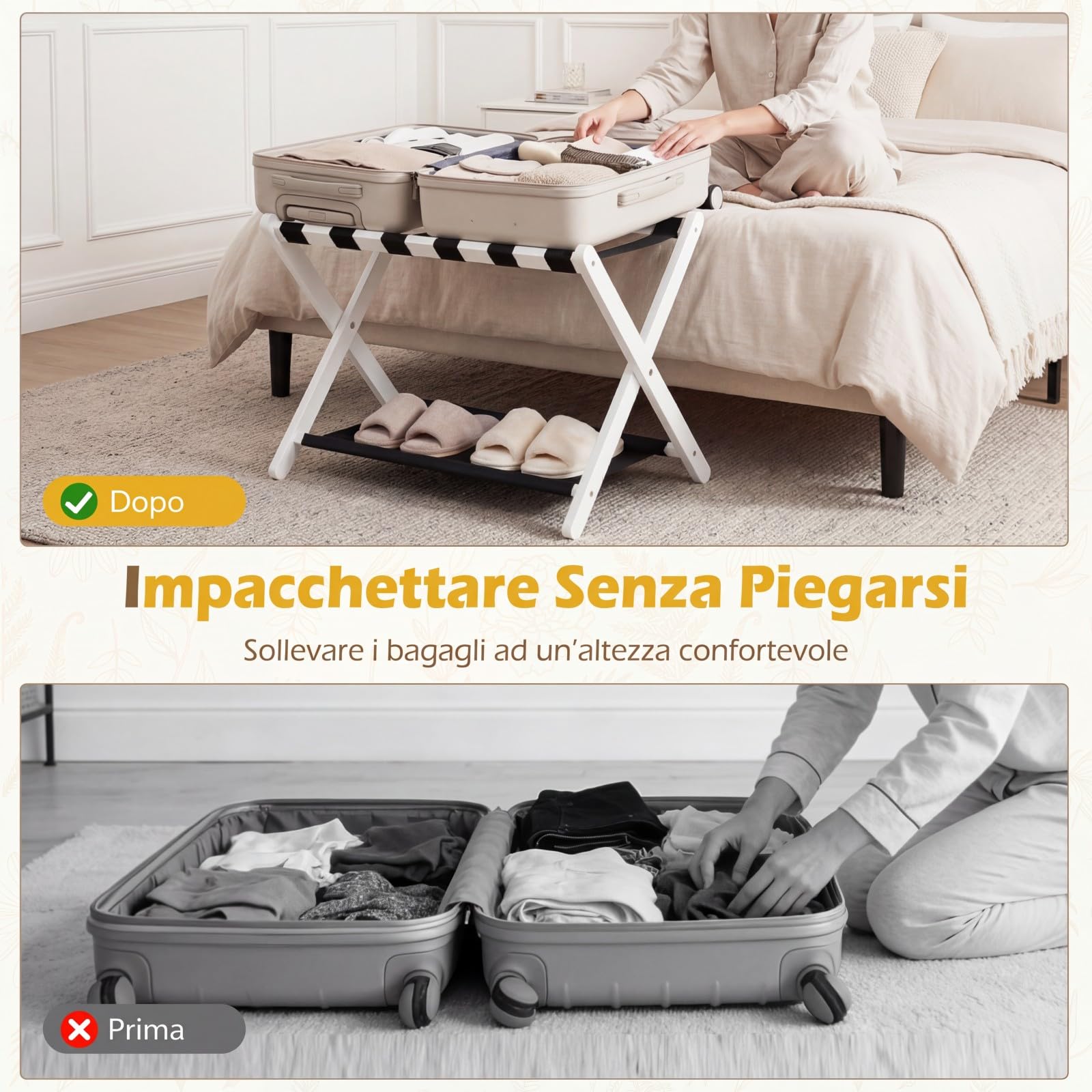 COSTWAY Portavaligie Pieghevole, Porta Valigie con Struttura in Legno Massello, Portapacchi a 2 Ripiani per Hotel e Viaggio, Portata 60 kg (1 pz,Bianco)