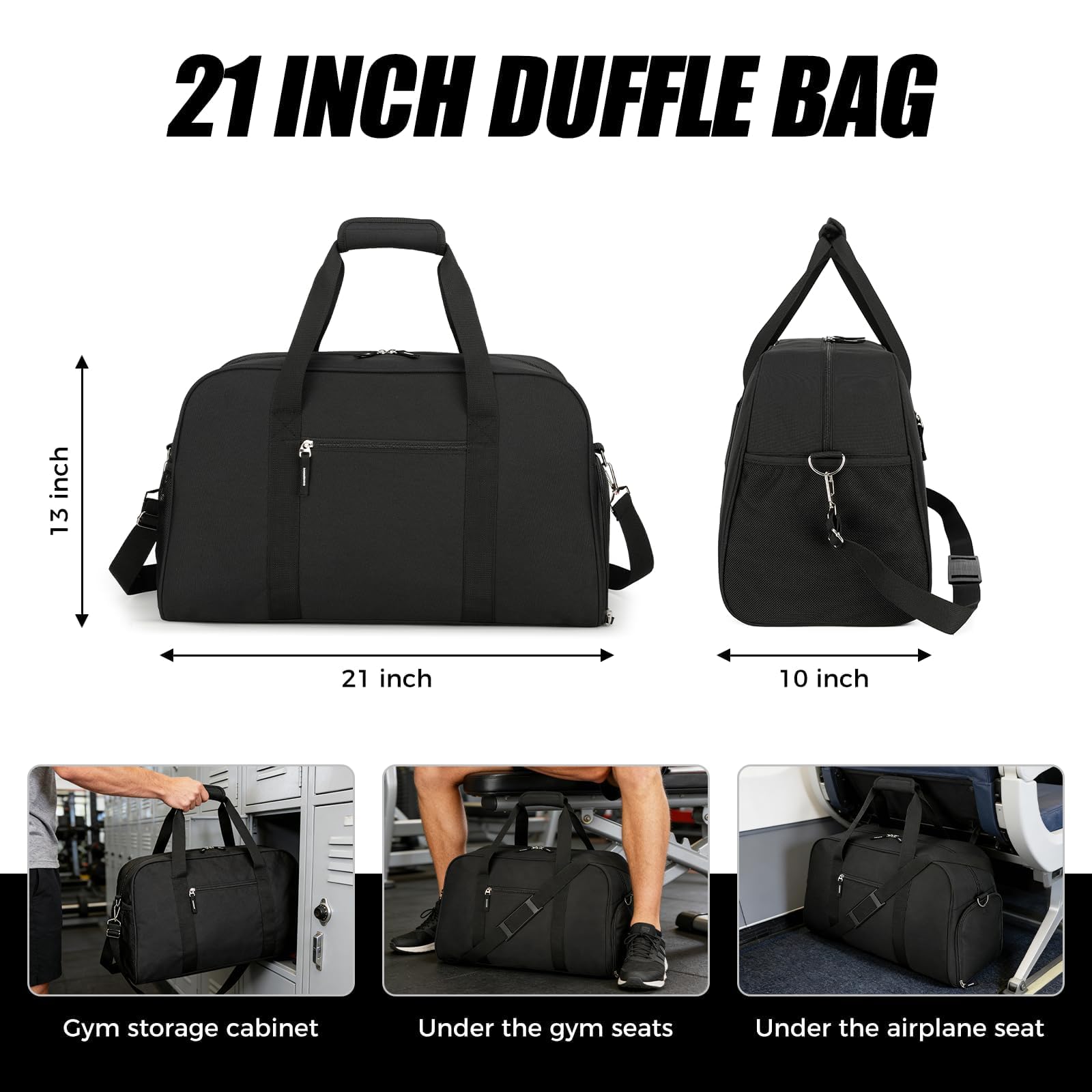 Searock Bolsa de gimnasio de 21 pulgadas con compartimento para zapatos, bolsa deportiva para viajes, bolsa de lona de mano, bolsas de fin de semana para hombres y mujeres que viajan, Negro, 53 cm