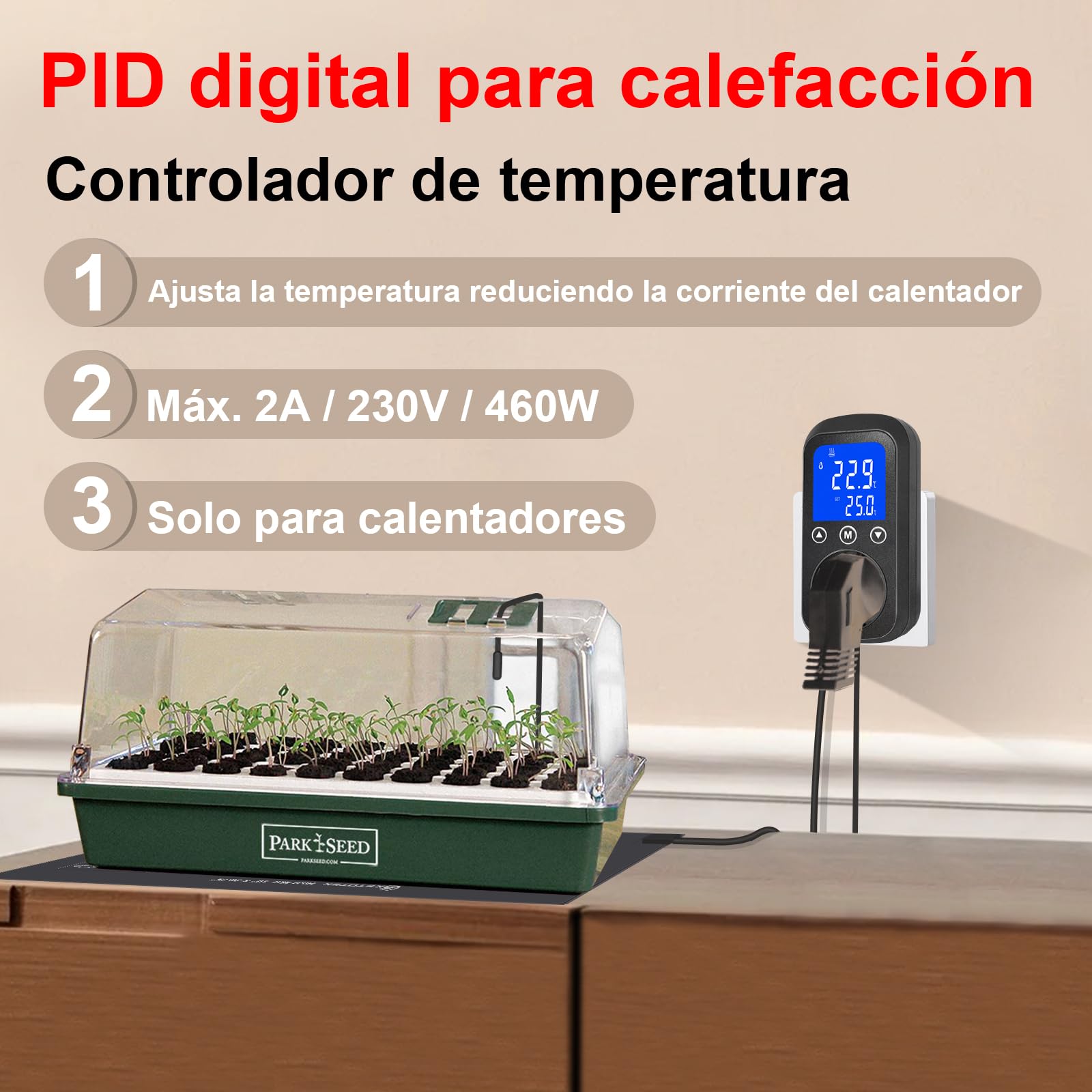 KETOTEK KT2100 Controlador PID Temperatura con Atenuación Termostato 2A 460W Sonda Impermeable para Terrario, Reptiles, Acuario, Lámpara Calor