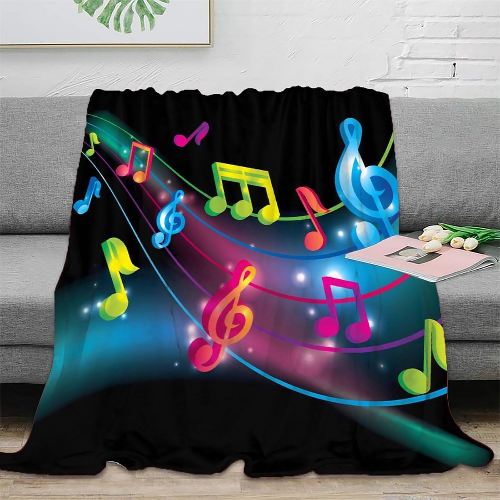 stampa 3D Music notes coperta microfibra biancheria da letto lavabile e anti-pilling coperta da riposo morbida e calda per relax quotidiano Colorful musical design 80×90inch(200x230cm)