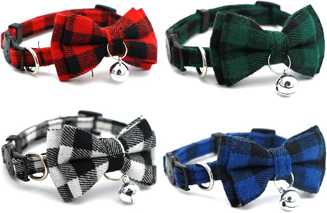 XUBX Set of 4 Cat Collar with Bell and Bow Tie, Quick Release Safety Collars for Kitten and Cats, Soft Tartan Collar, Detachable Pet Collars for Cats, Kitten, Small Pet (Adjustable 15-30 cm)
