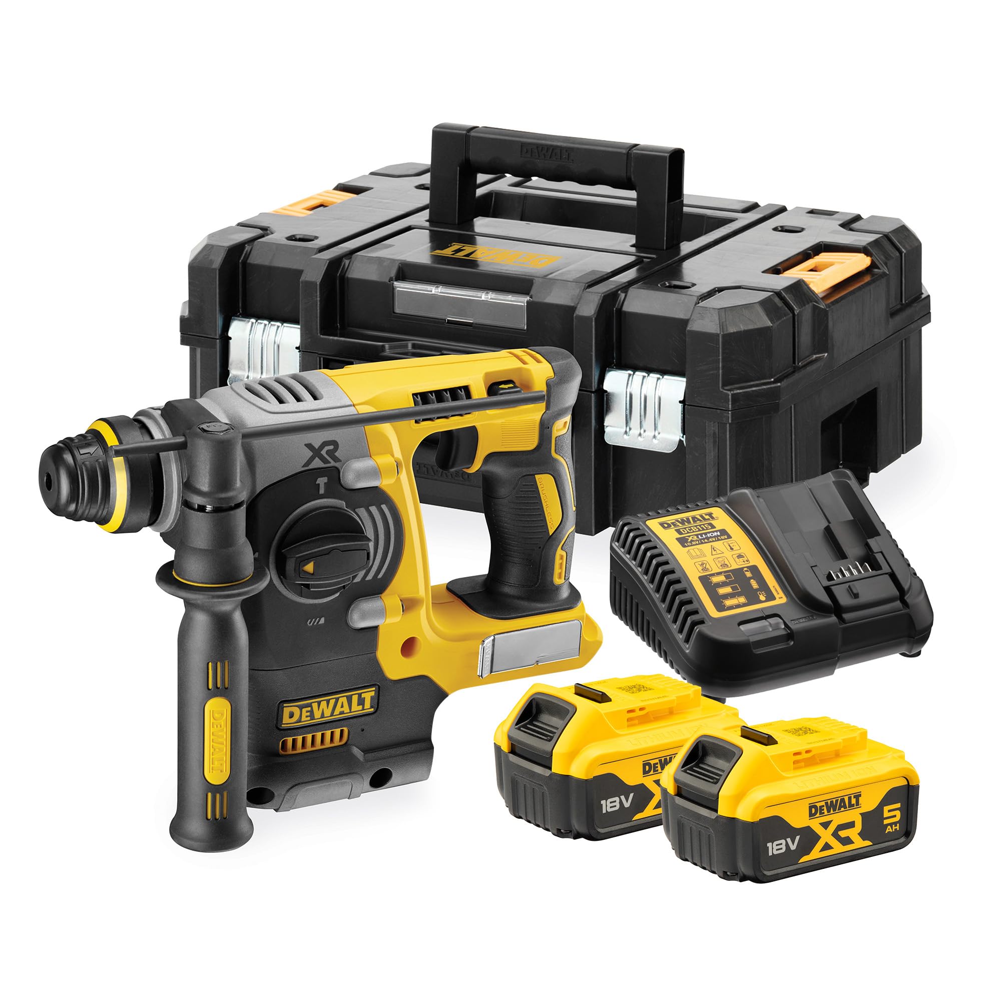 DEWALT SDS-Plus Brushless XR 18V 24mm Hammer Drill with 2 x 5Ah Batteries, XR Multi-Voltage Charger and TSTAK Heavy Duty Toolbox, DCH273P2T-QW.