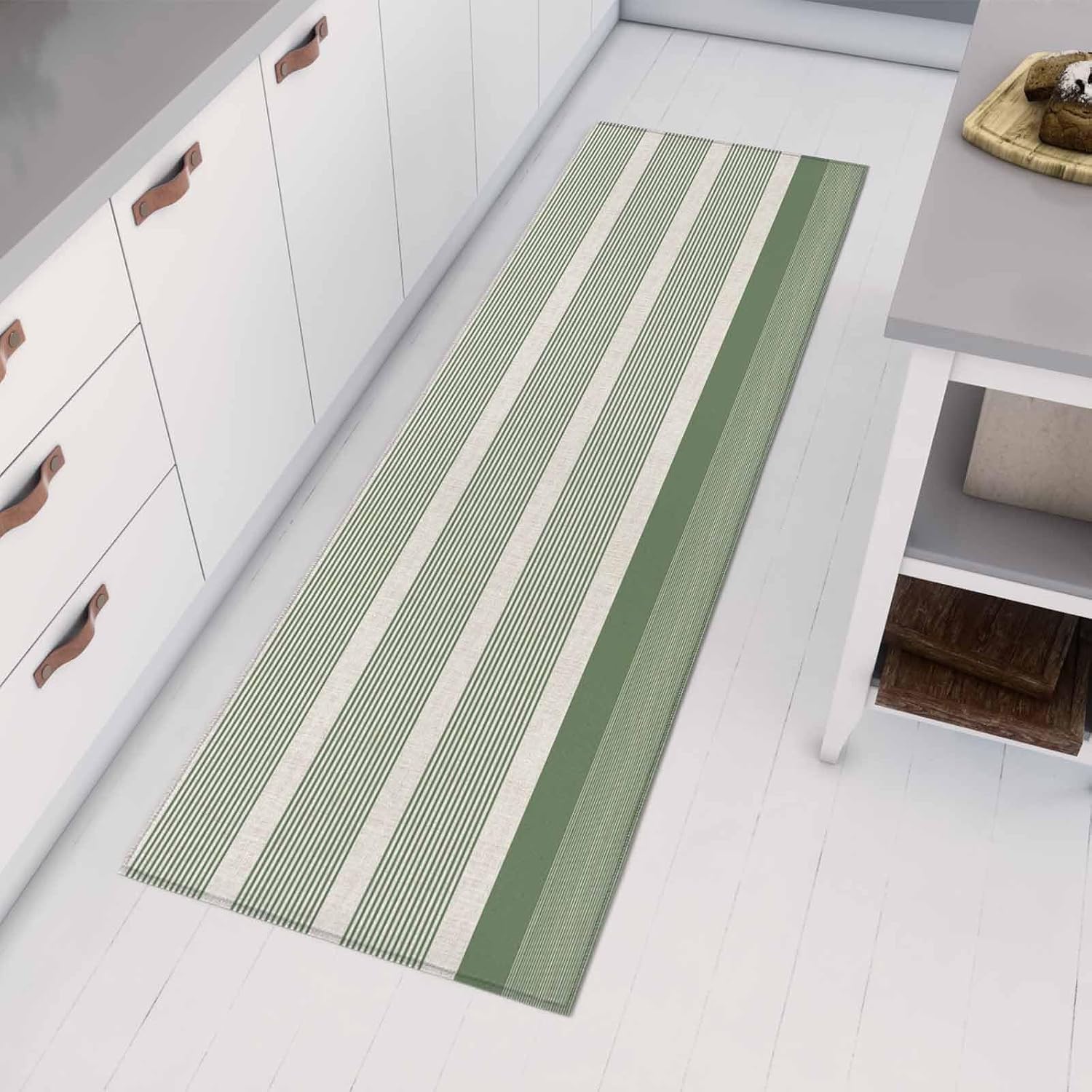Teamery Kitchen Mats for Floor Sage Green Stripes Retro Linen Washable Non Slip Kitchen Rugs 1PCS, Modern Minimalist Art Absorbent Standing Mats for Sink Bathroom Office Living Room 15.7x47.2in