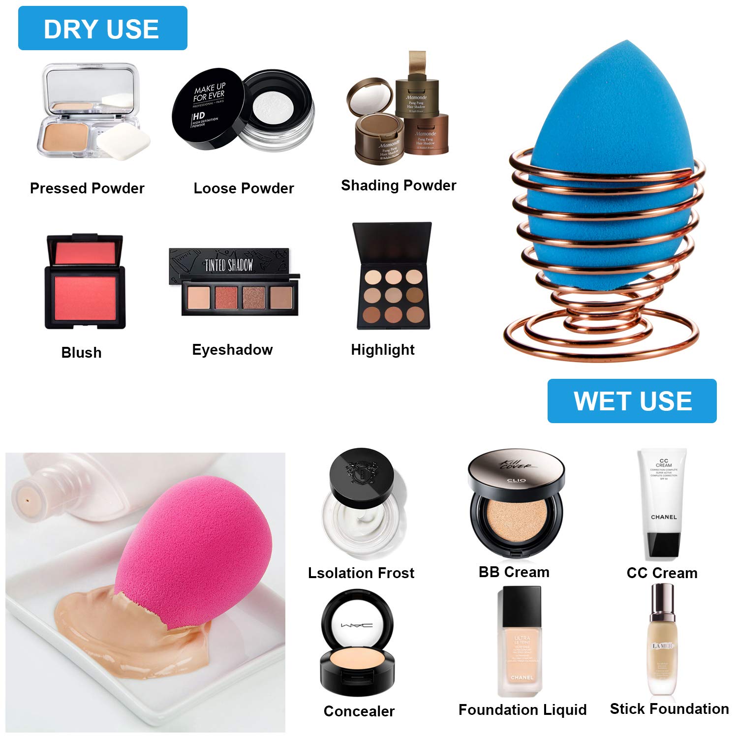 BeaHot - Esponja de maquillaje, 10 unidades, 2 formas, esponja de belleza con 2 soportes de esponja, base cosmética de belleza, mezcla de polvo para líquido, polvo, crema BB y protector solar